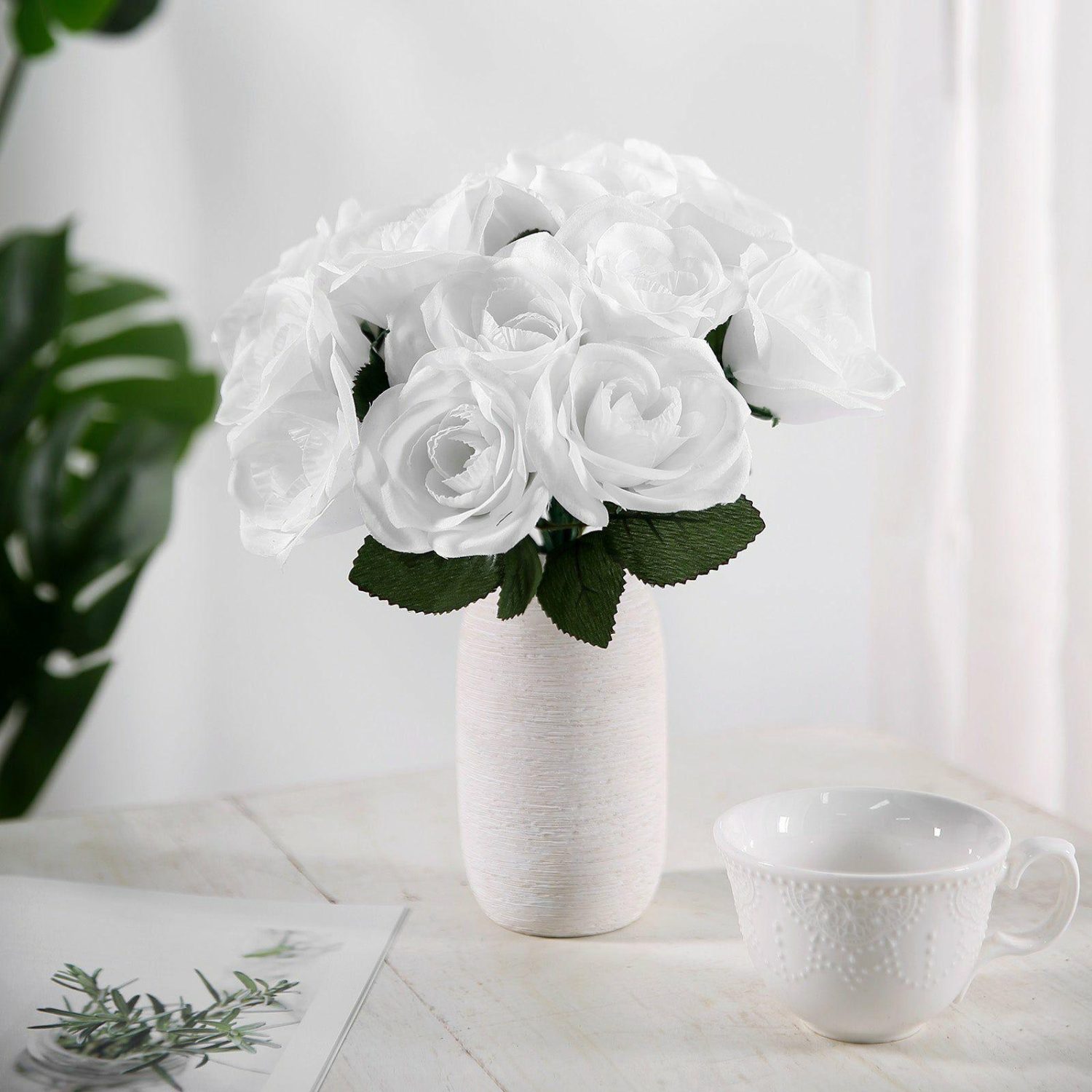 Rose Bouquet | White Artificial Velvet-Like Fabric Rose Flower Bouquet Bush 12″ Artificial Flowers Rose Bouquet