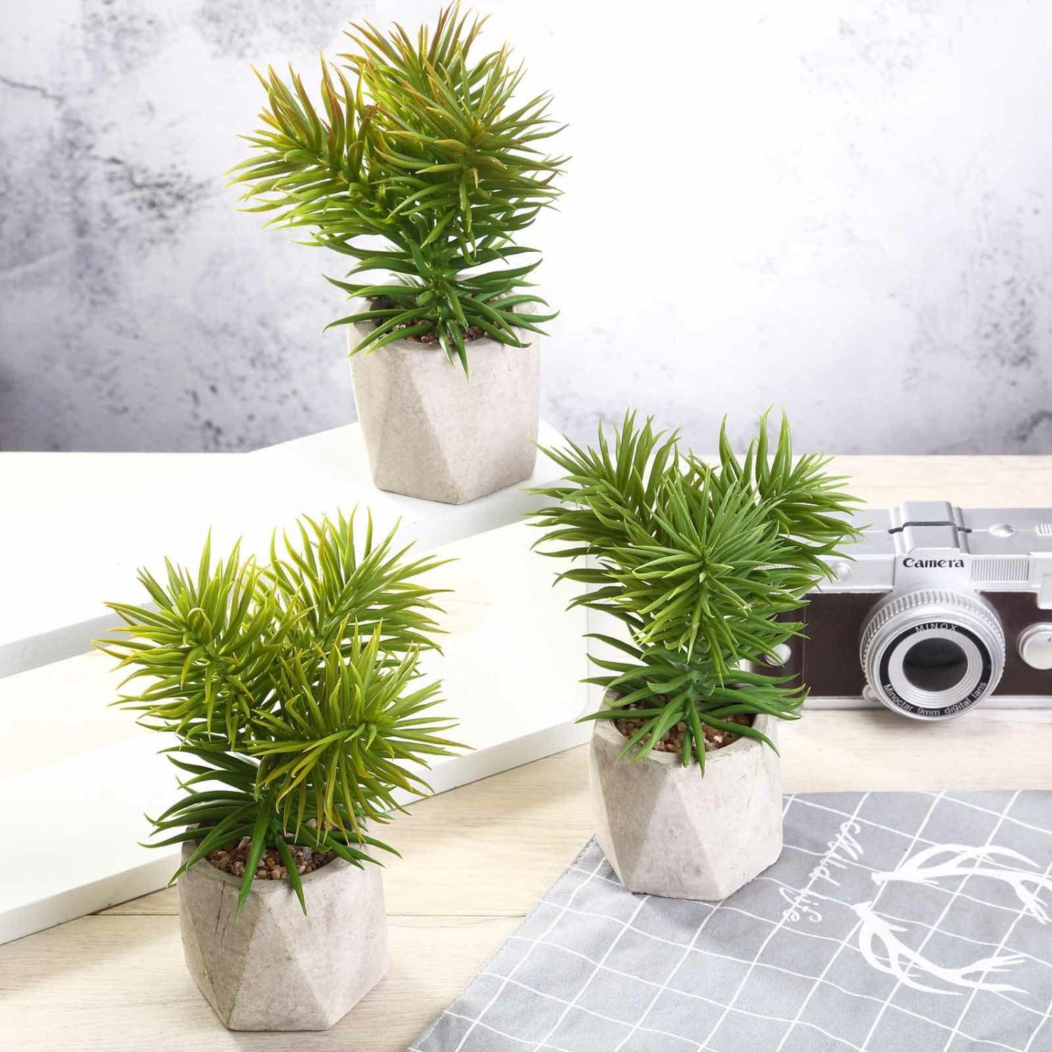 Succulent Plants | 3 Pack Ceramic Planter Pot and Artificial Crassula Succulent Plants 8″ Artificial Plants Spiky Crassula