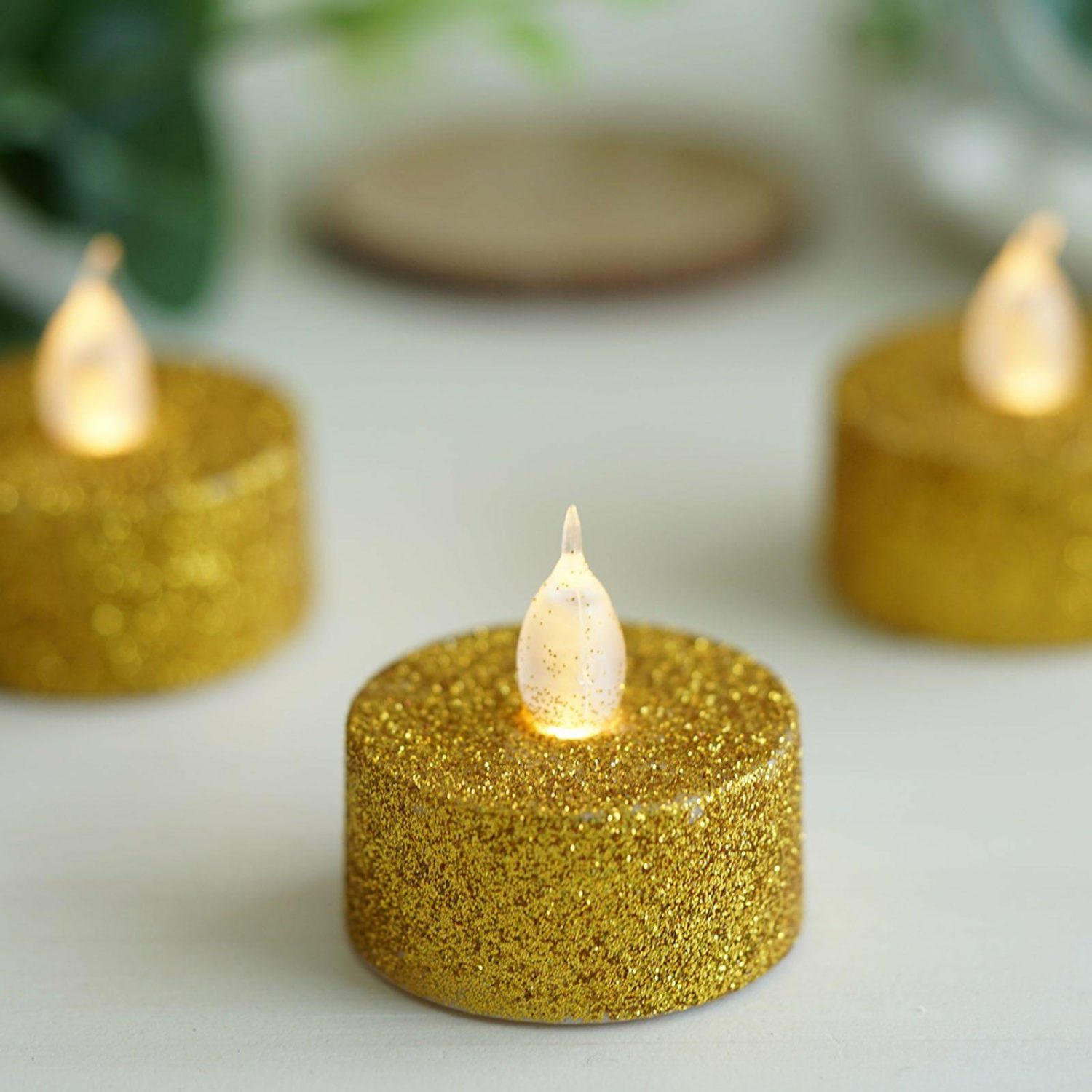 Tabletop Candles | 12 Pack Gold Glitter Flameless LED Candles – Battery Operated Tea Light Candles Candelabra Gold