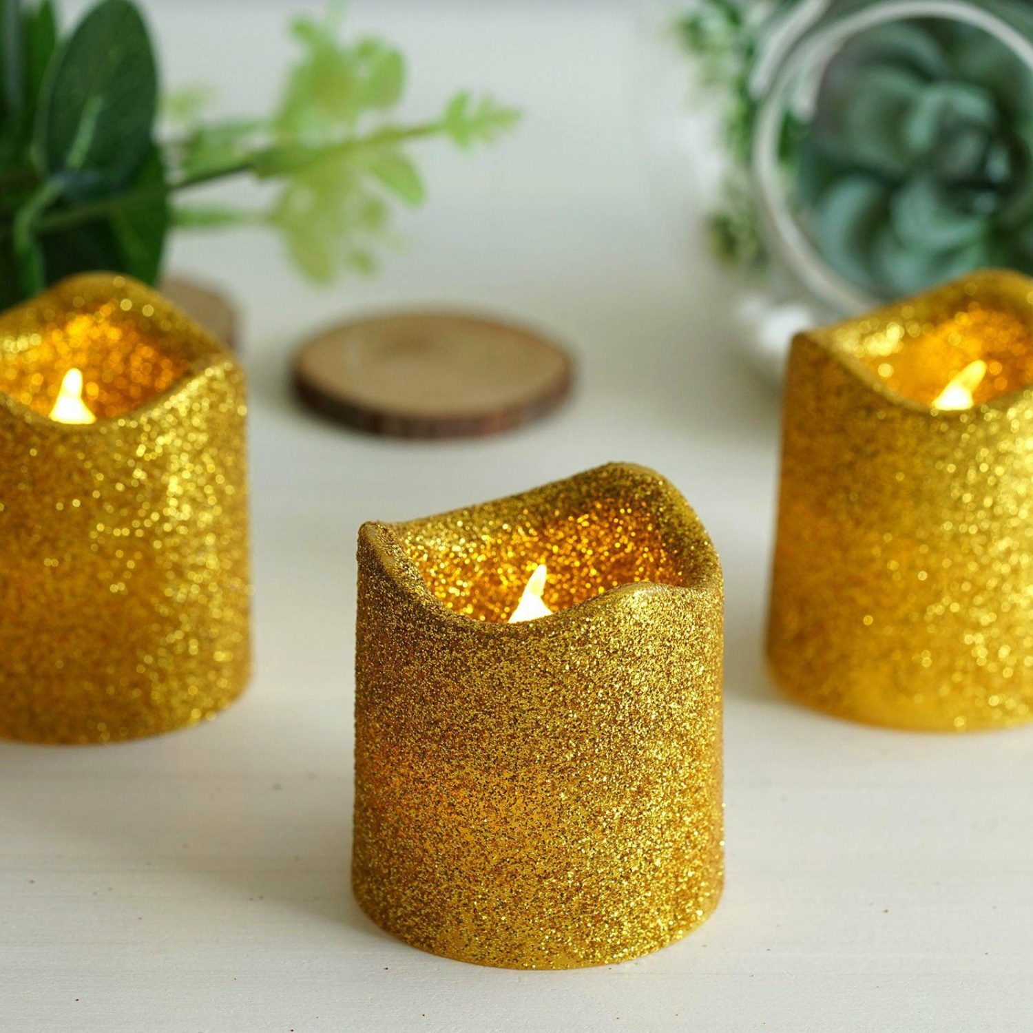 Tabletop Candles | 12 Pack Gold Glittered Flameless LED Votive Candles, Battery Operated Reusable Candles Candelabra Gold