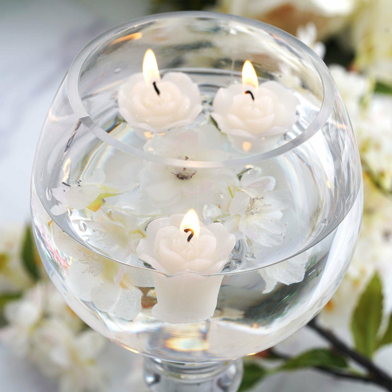 Tabletop Candles | 12 Pack Ivory Mini Rose Flower Floating Candles Wedding Vase Fillers 1″ Candelabra Ivory