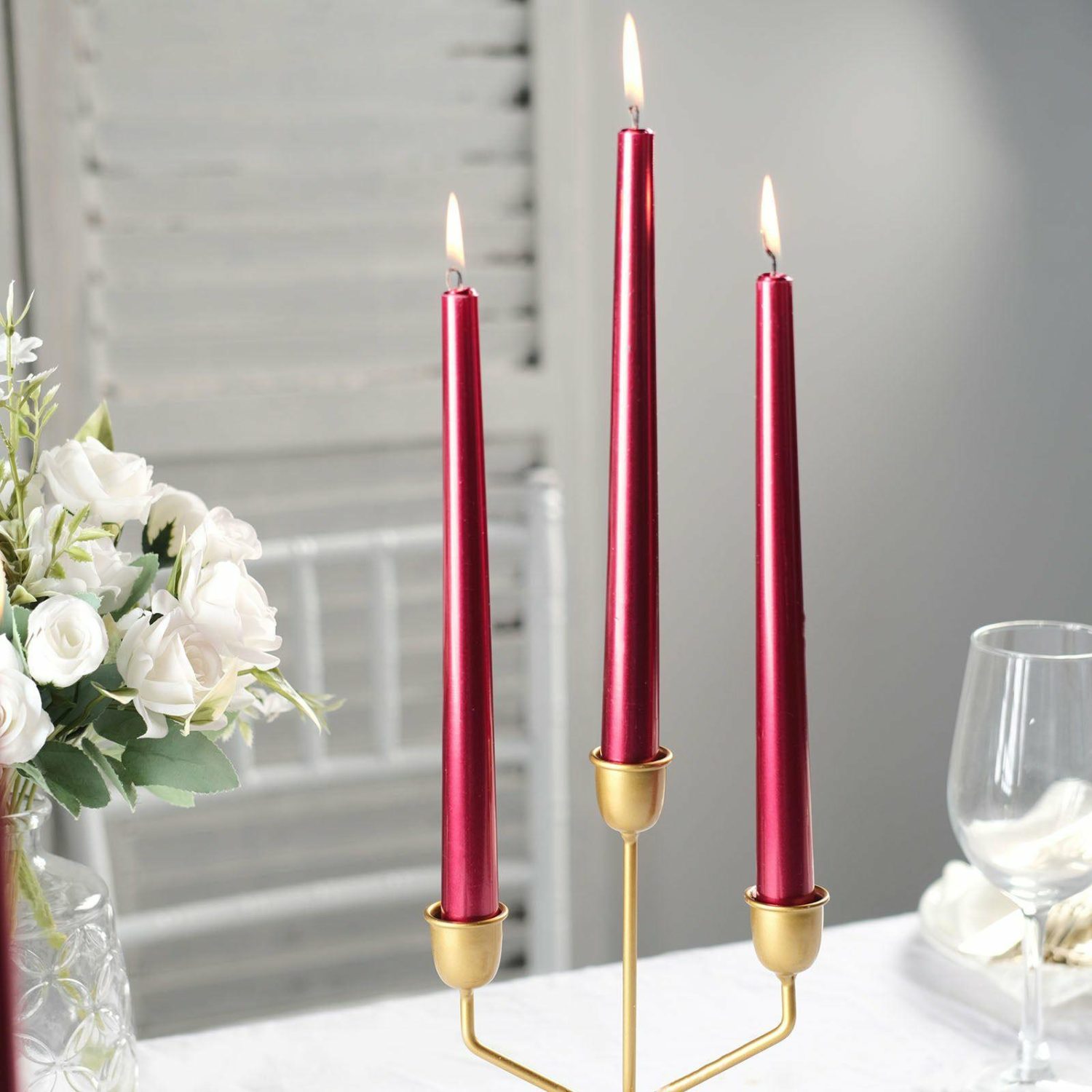 Tabletop Candles | 12 Pack Metallic Red Premium Wax Taper Candles, Unscented Candles 10″ Candelabra Metallic Red