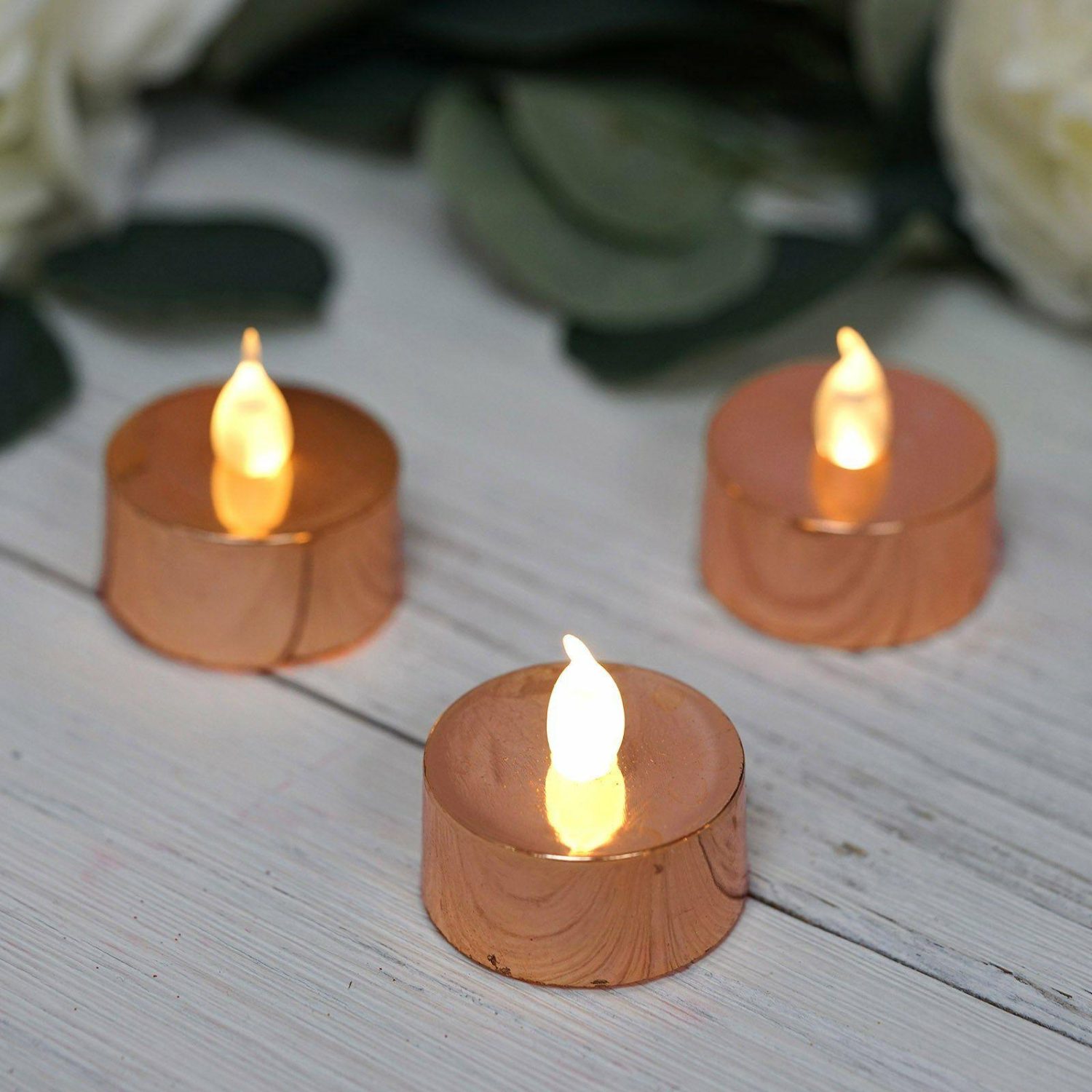 Tabletop Candles | 12 Pack Metallic Rose Gold Flameless LED Tealight Candles, Battery Operated Reusable Candles Candelabra Blush