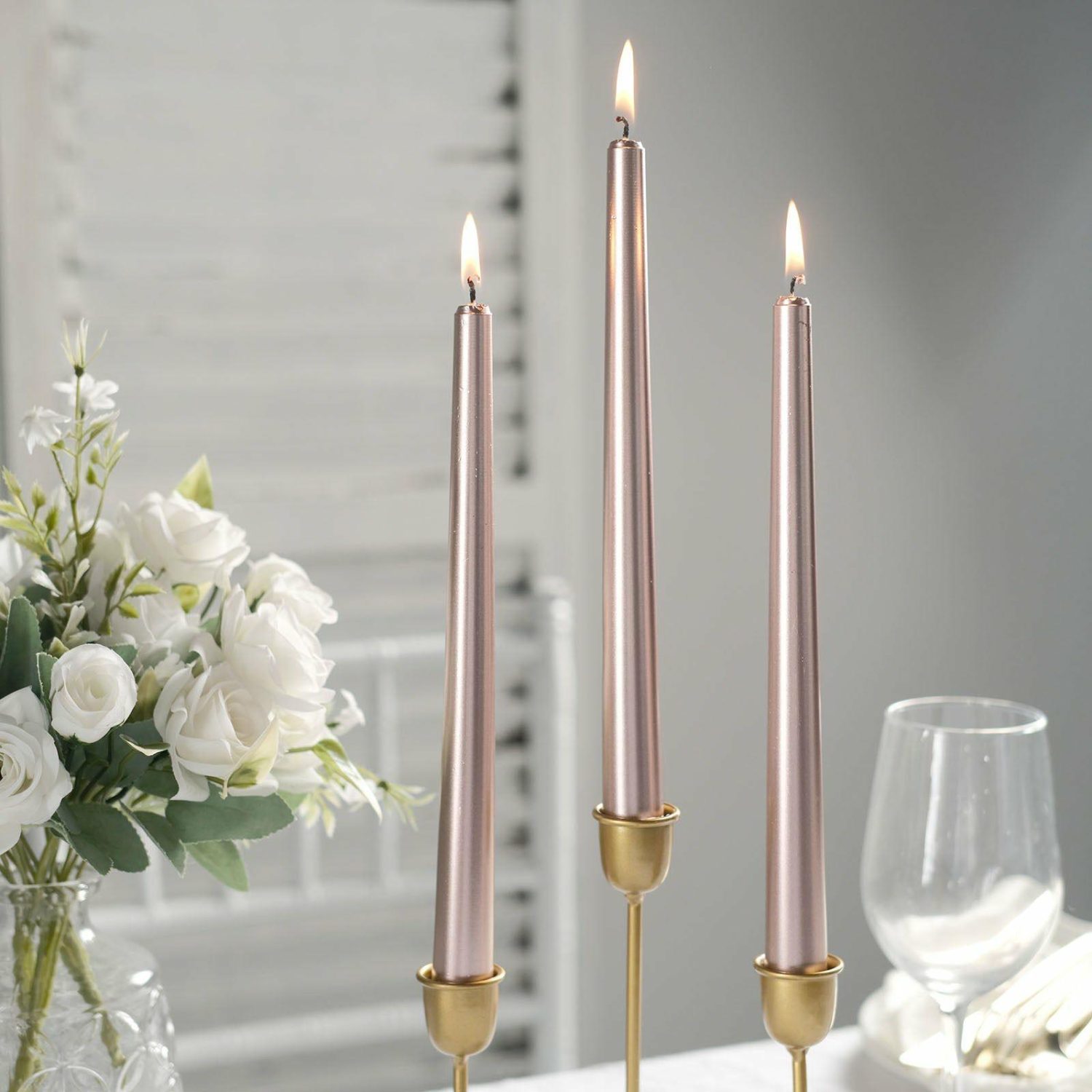 Tabletop Candles | 12 Pack Metallic Rose Gold Premium Wax Taper Candles, Unscented Candles 10″ Candelabra Rose Gold