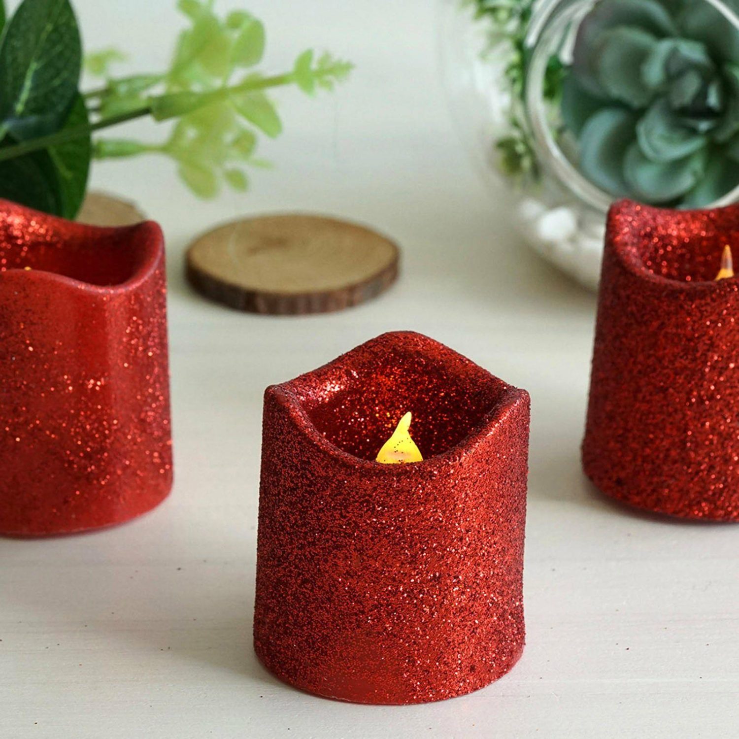 Tabletop Candles | 12 Pack Red Glittered Flameless LED Votive Candles, Battery Operated Reusable Candles Candelabra Red