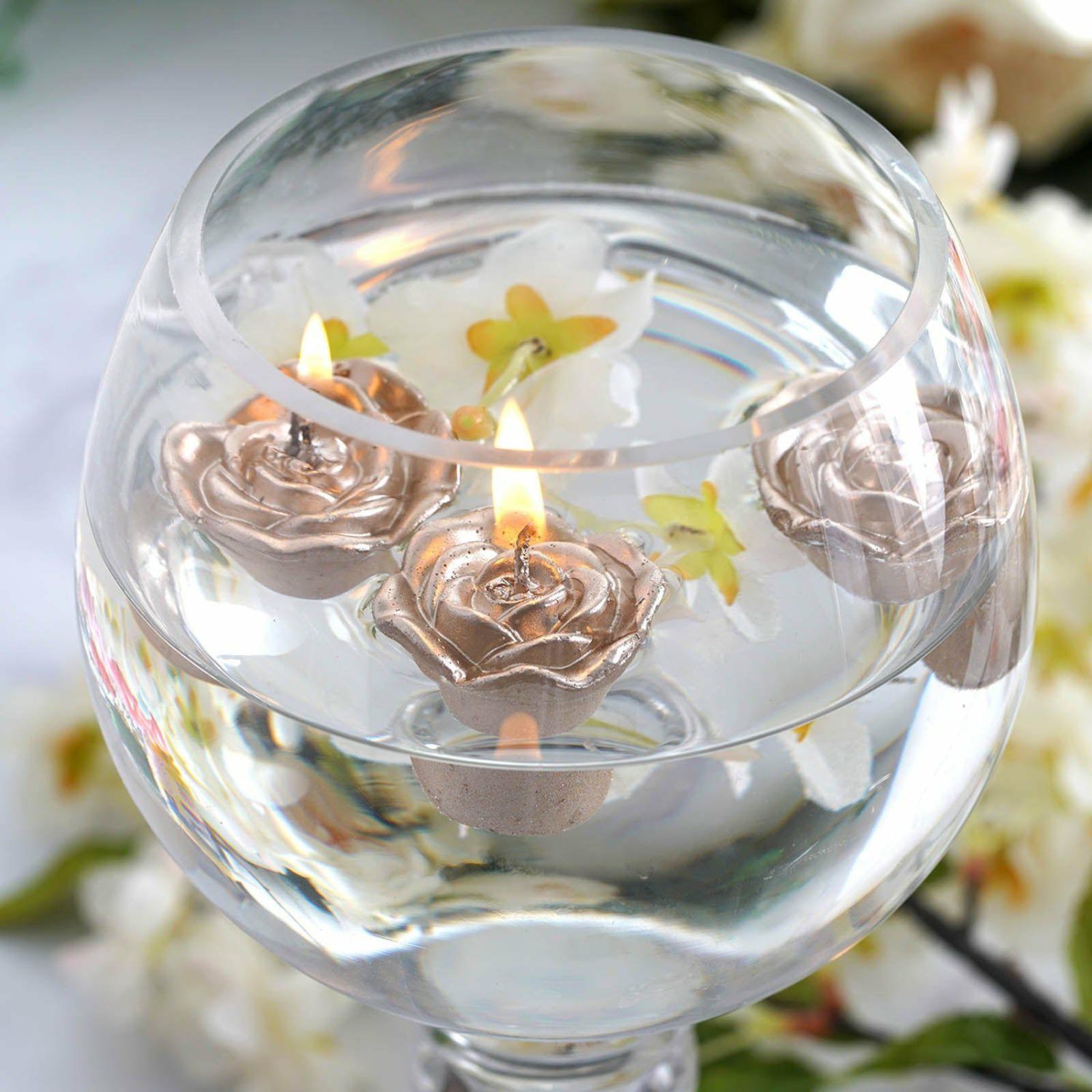 Tabletop Candles | 12 Pack Rose Gold Mini Rose Flower Floating Candles Wedding Vase Fillers 1″ Candelabra Rose Gold