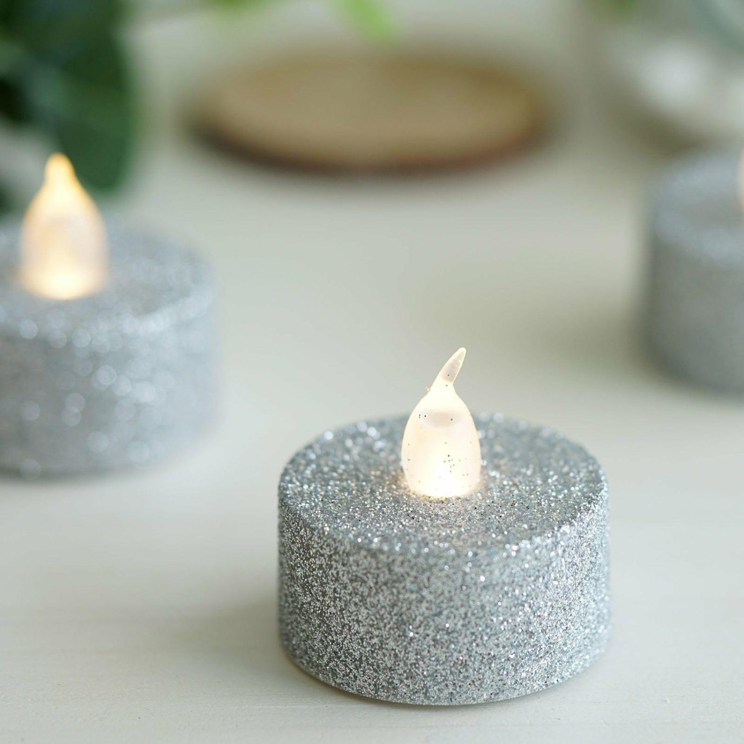 Tabletop Candles | 12 Pack Silver Glittered Flameless LED Tealight Candles, Battery Operated Reusable Candles Candelabra Silver