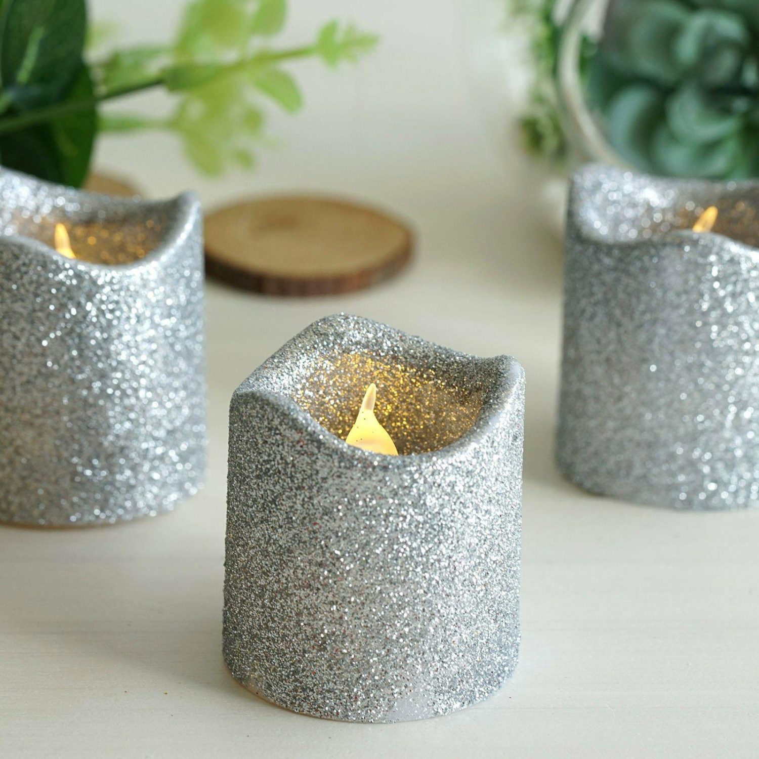 Tabletop Candles | 12 Pack Silver Glittered Flameless LED Votive Candles, Battery Operated Reusable Candles Candelabra Silver