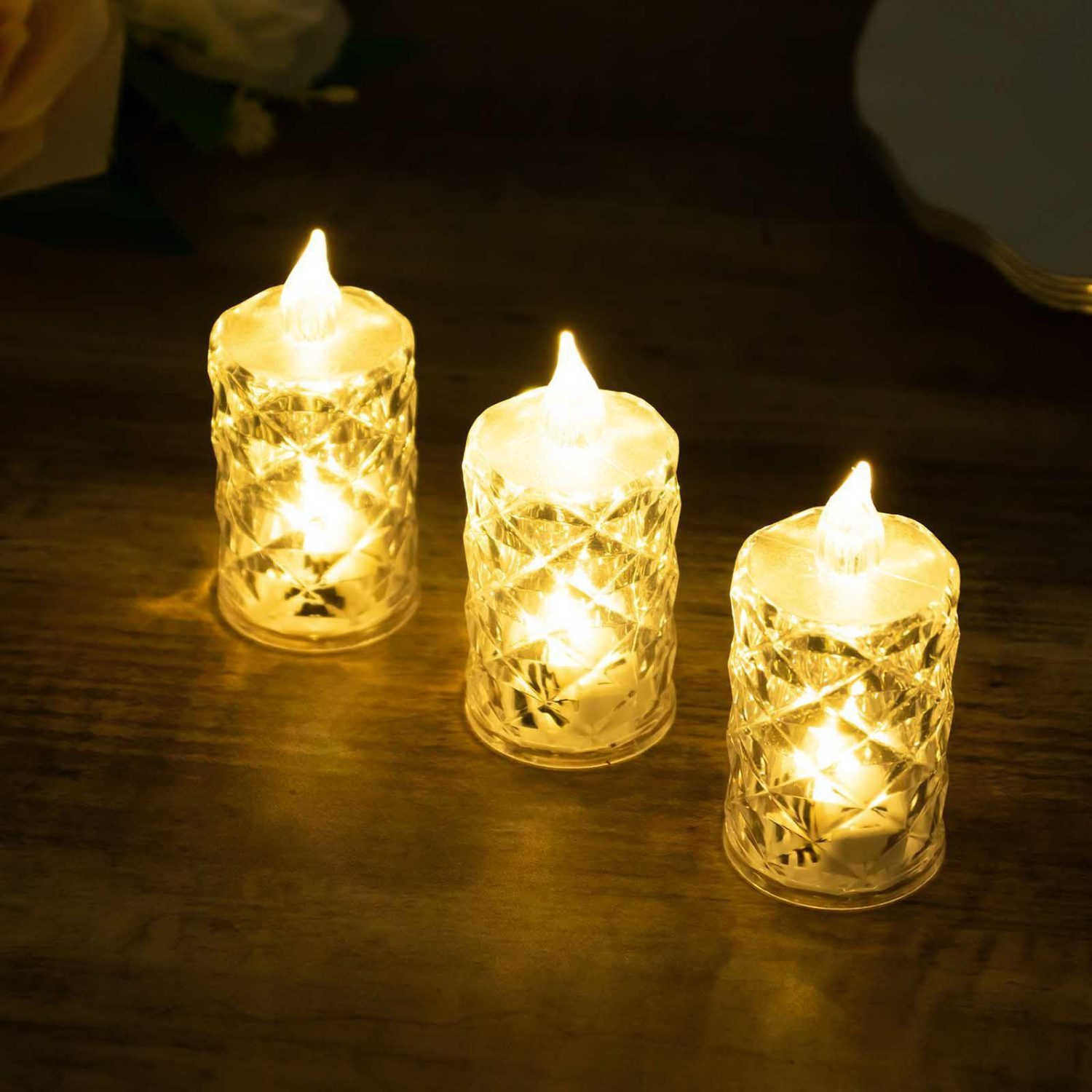 Tabletop Candles | 12 Pack Warm White Diamond Cut Battery Operated LED Candles, Decorative Flameless Tealight Candles – 3″ Candelabra Tabletop Candles