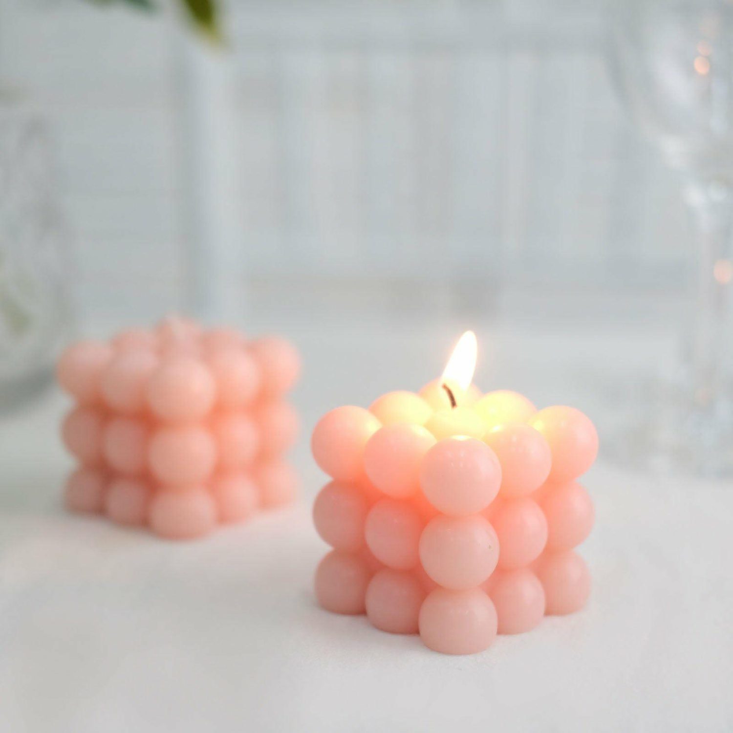 Tabletop Candles | 2 Pack Blush Bubble Cube Decorative Paraffin Wax Candle Set, Unscented Long Burning Pillar Candle Gift 2″ Candelabra Blush