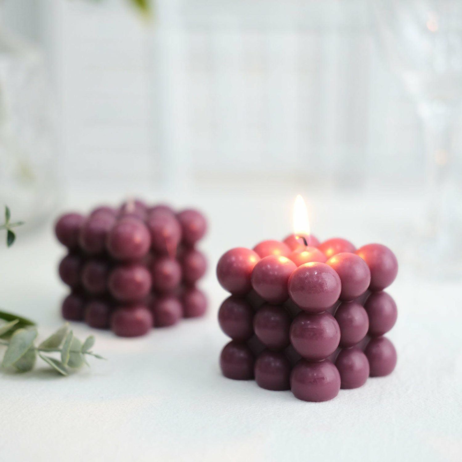 Tabletop Candles | 2 Pack Burgundy Bubble Cube Decorative Paraffin Wax Candle Set, Unscented Long Burning Pillar Candle Gift 2″ Candelabra Burgundy