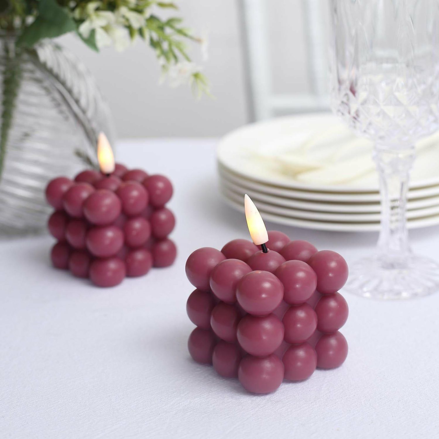 Tabletop Candles | 2 Pack Burgundy Flameless Decorative Bubble Candles, Warm White Flickering Battery Operated LED Cube Candles 2″ Candelabra Burgundy