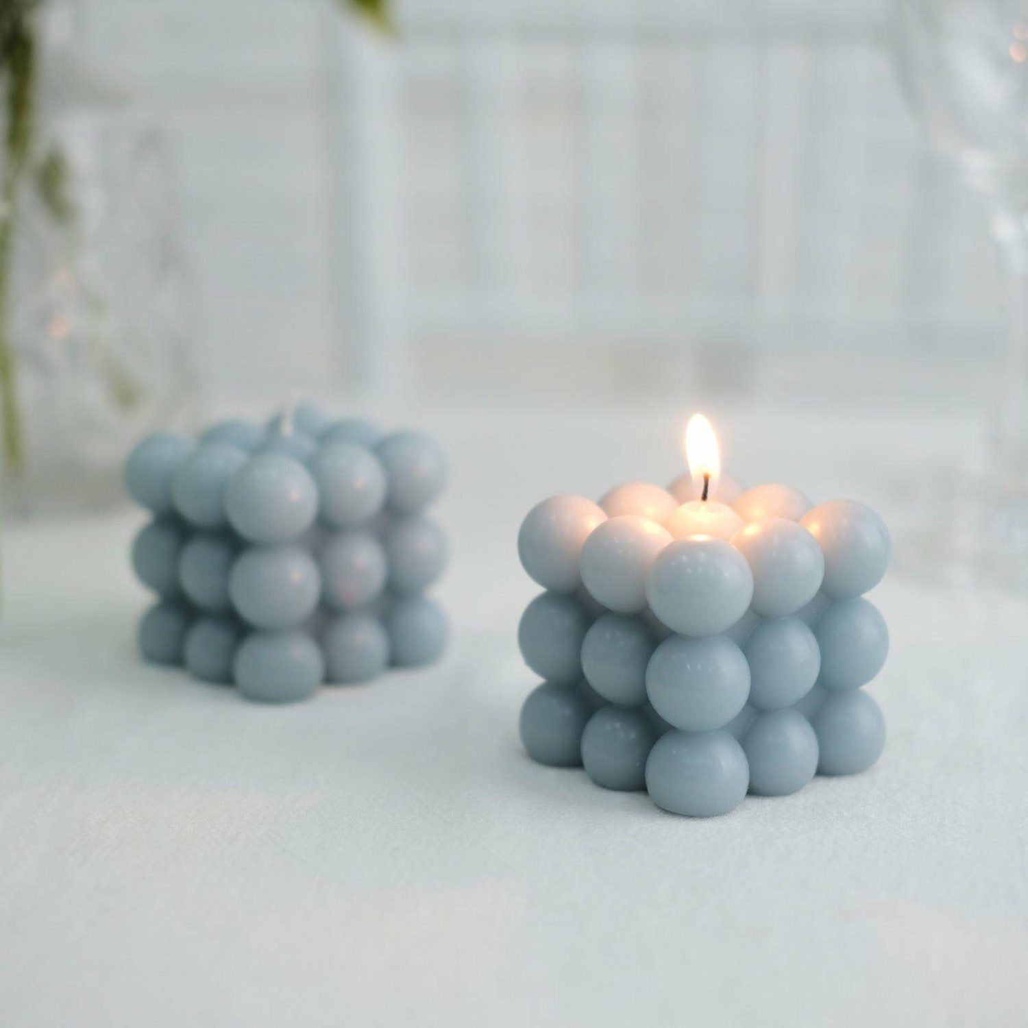 Tabletop Candles | 2 Pack Dusty Blue Bubble Cube Decorative Paraffin Wax Candle Set, Unscented Long Burning Pillar Candle Gift 2″ Candelabra Dusty blue