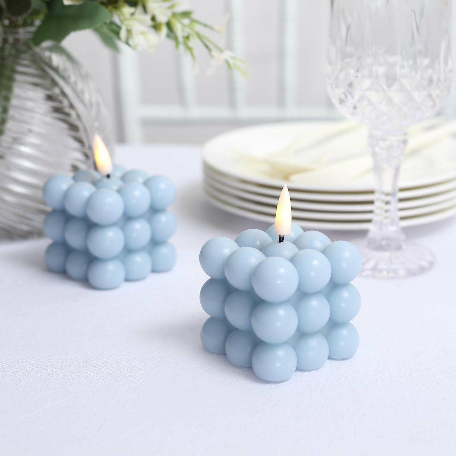 Tabletop Candles | 2 Pack Dusty Blue Flameless Decorative Bubble Candles, Warm White Flickering Battery Operated LED Cube Candles 2″ Candelabra Dusty blue