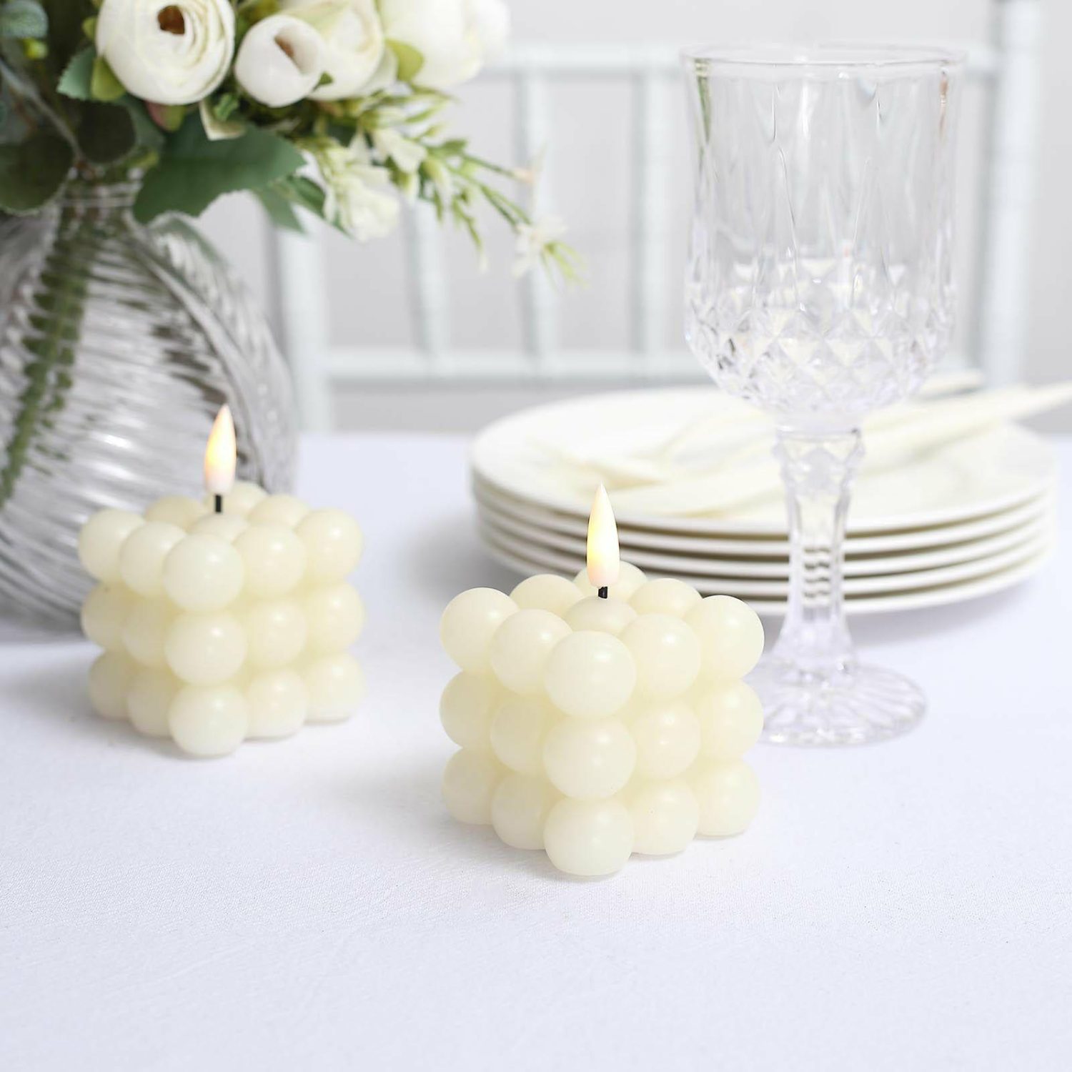 Tabletop Candles | 2 Pack Ivory Flameless Decorative Bubble Candles, Warm White Flickering Battery Operated LED Cube Candles 2″ Candelabra Ivory