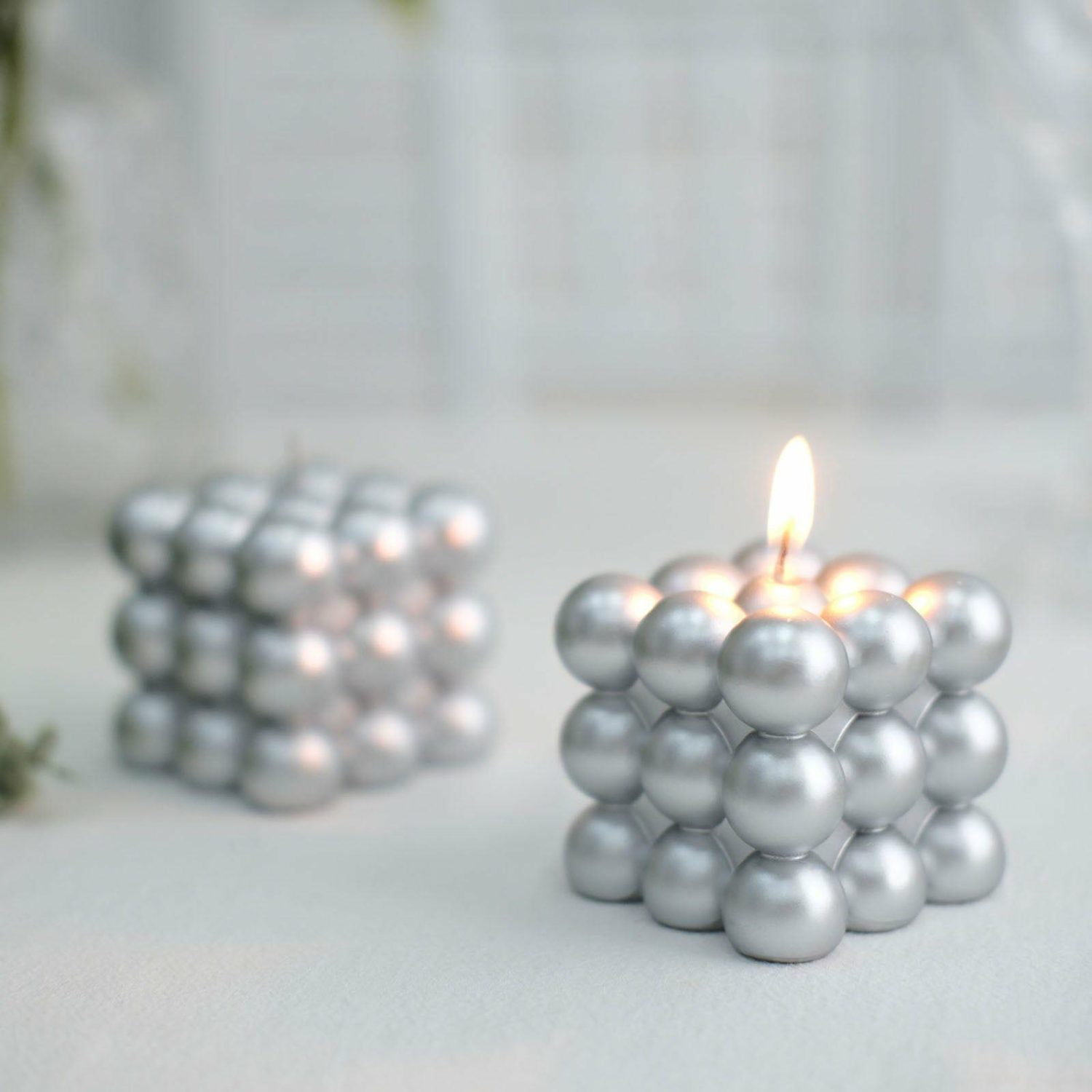 Tabletop Candles | 2 Pack Metallic Silver Bubble Cube Decorative Paraffin Wax Candle Set, Unscented Long Burning Pillar Candle Gift 2″ Candelabra Metallic Silver