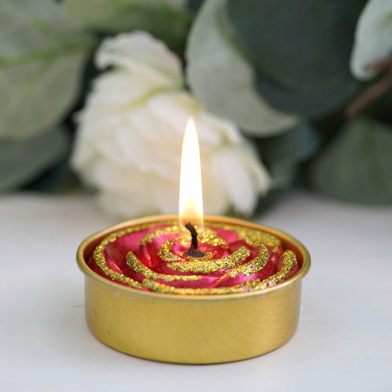 Tabletop Candles | 2 Pack Red/Gold Glitter Rose Tealight Candles Unscented Dripless Wax Candelabra Tabletop Candles