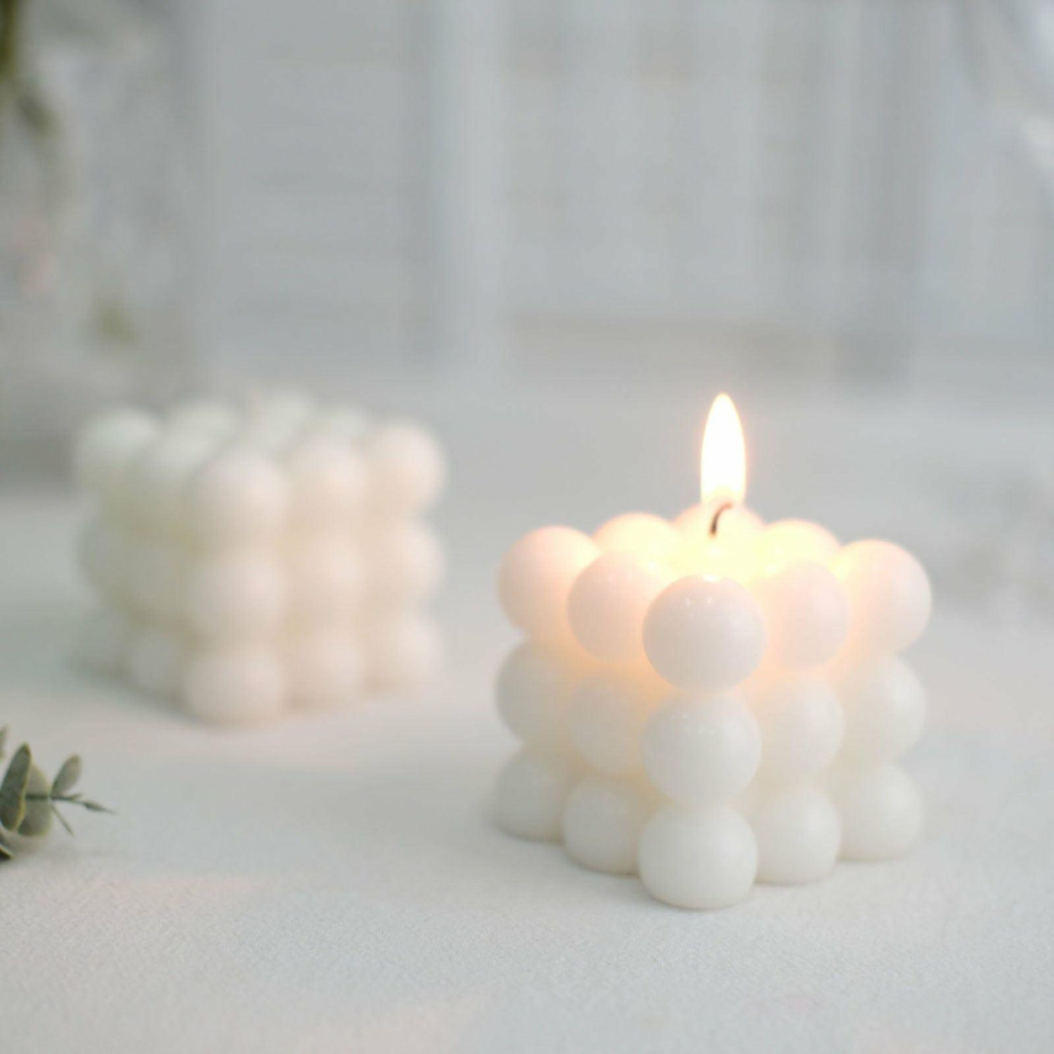 Tabletop Candles | 2 Pack White Bubble Cube Decorative Paraffin Wax Candle Set, Unscented Long Burning Pillar Candle Gift 2″ Candelabra Tabletop Candles