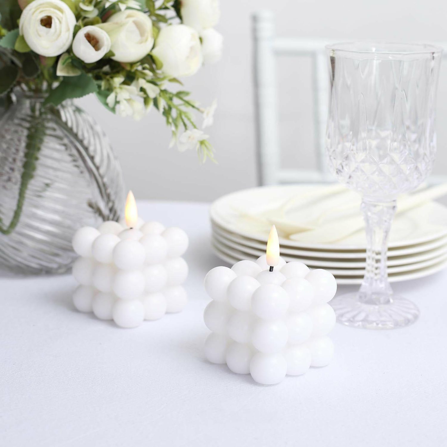 Tabletop Candles | 2 Pack White Flameless Decorative Bubble Candles, Warm White Flickering Battery Operated LED Cube Candles 2″ Candelabra Tabletop Candles