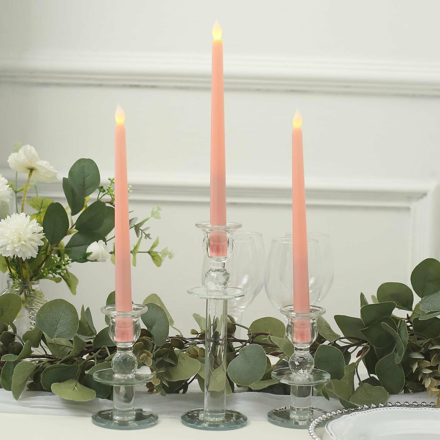 Tabletop Candles | 3 Pack Blush Warm Flickering Flameless LED Taper Candles 11″ Candelabra Blush