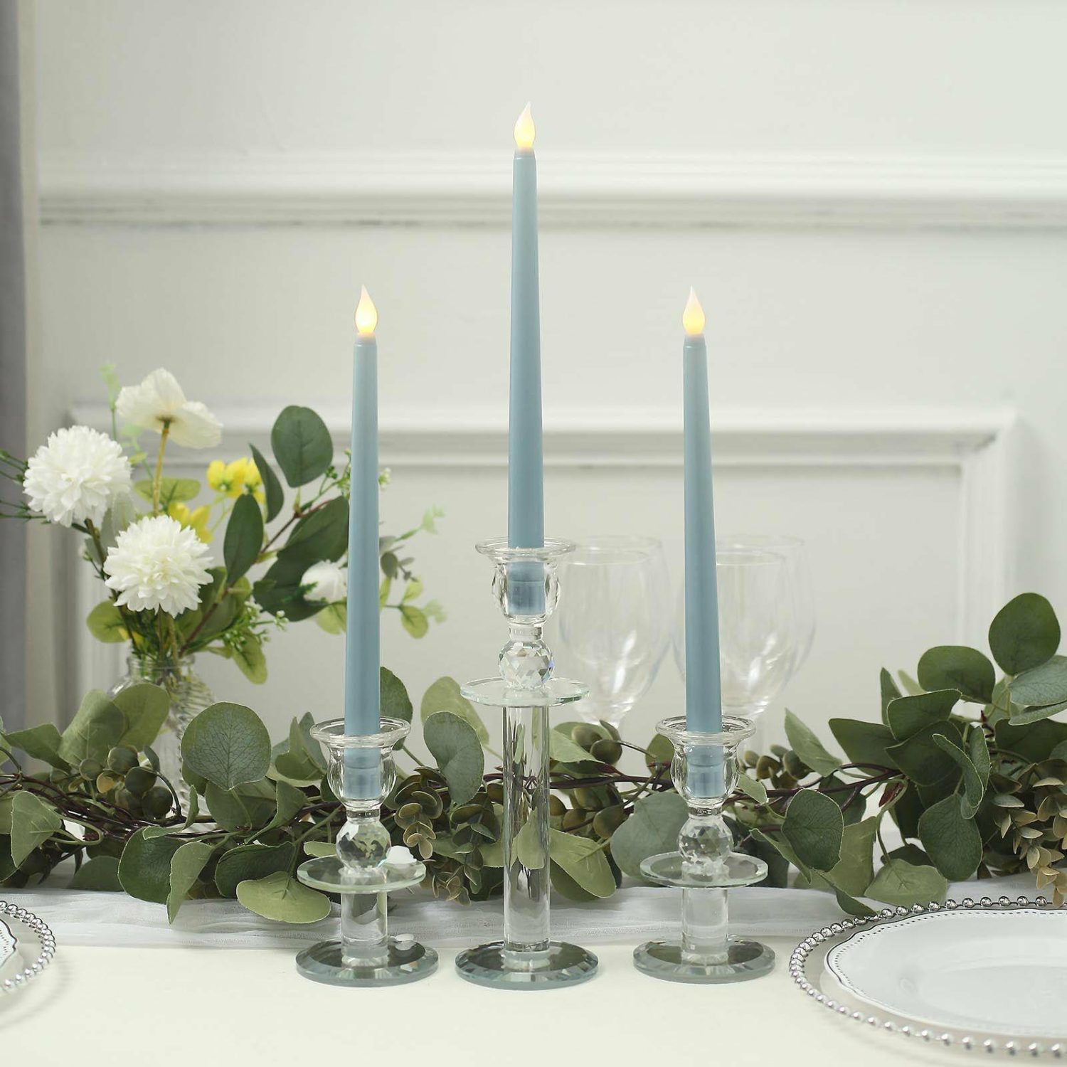 Tabletop Candles | 3 Pack Dusty Blue Warm Flickering Flameless LED Taper Candles 11″ Candelabra Dusty blue