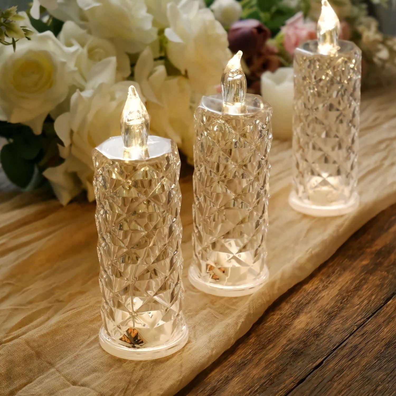 Tabletop Candles | 3 Pack Warm White LED Rose Halo Battery Operated Candle Lamps, Acrylic Diamond Pillar Flameless Candle Light 6″ Candelabra Tabletop Candles