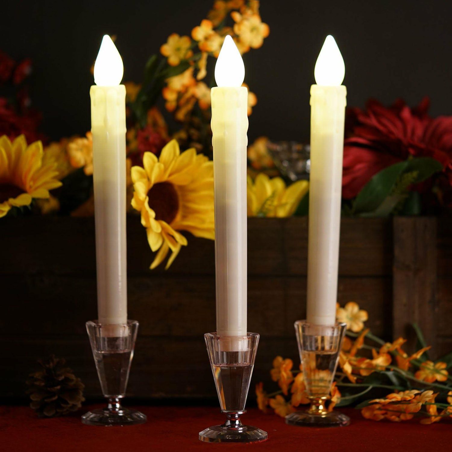 Tabletop Candles | 3 Pack White Flameless LED Wax Drip Textured Taper Candles, Battery Operated Candles 9″ Candelabra Tabletop Candles