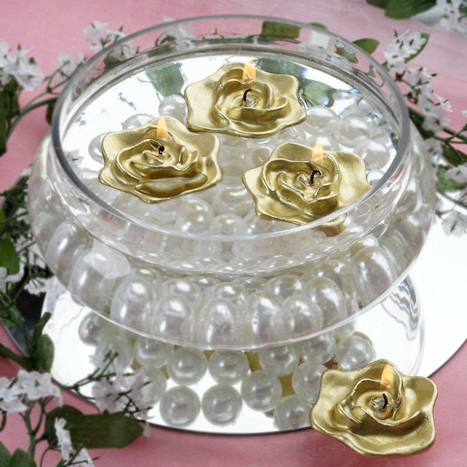 Tabletop Candles | 4 Pack Gold Rose Flower Floating Candles, Wedding Vase Fillers 2.5″ Candelabra Gold