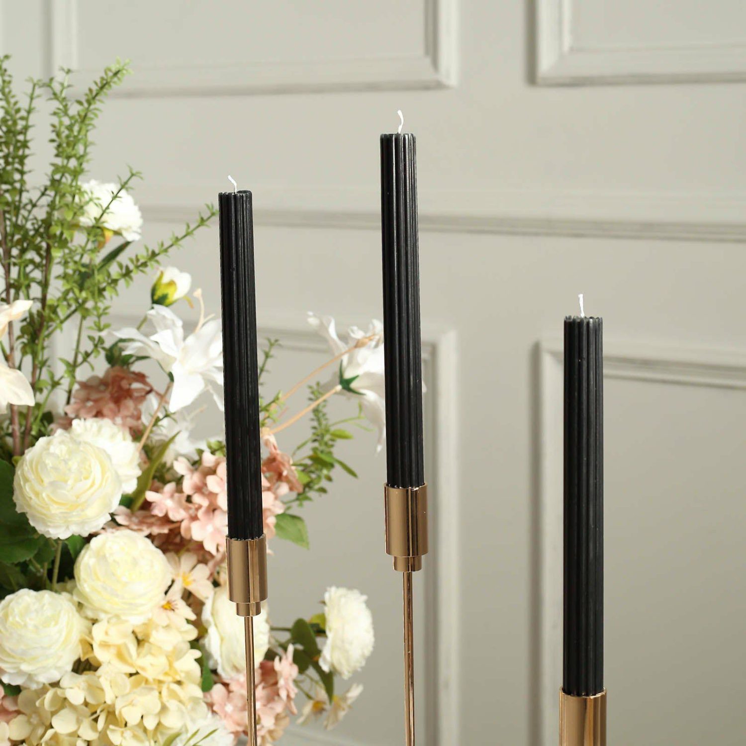 Tabletop Candles | 5 Pack Black Premium Unscented Ribbed Wick Taper Candles, Tall Ribbon Wax Dinner Candles 9″ Candelabra Black