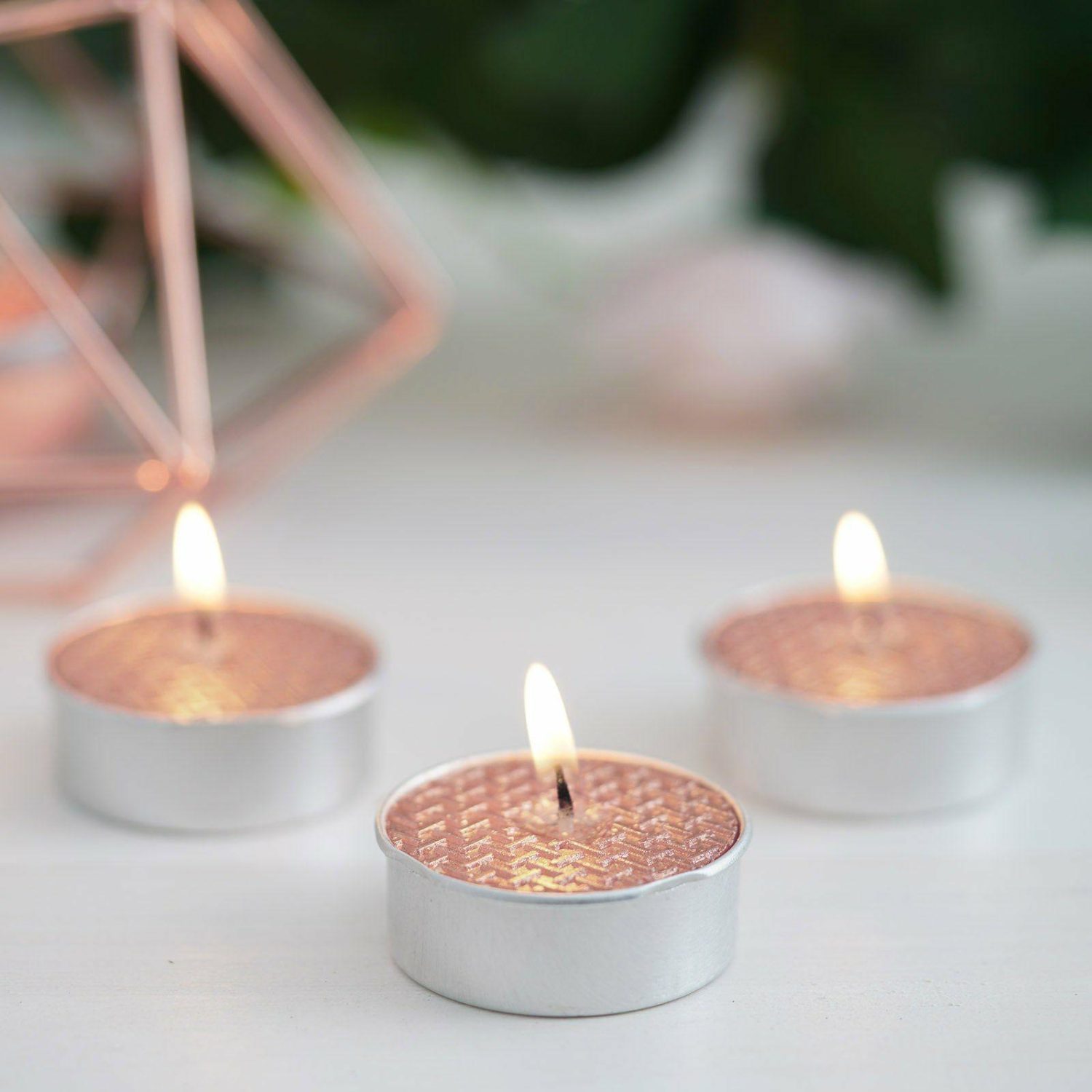 Tabletop Candles | 9 Pack Metallic Rose Gold Tealight Candles, Unscented Dripless Wax – Textured Design Candelabra Rose Gold