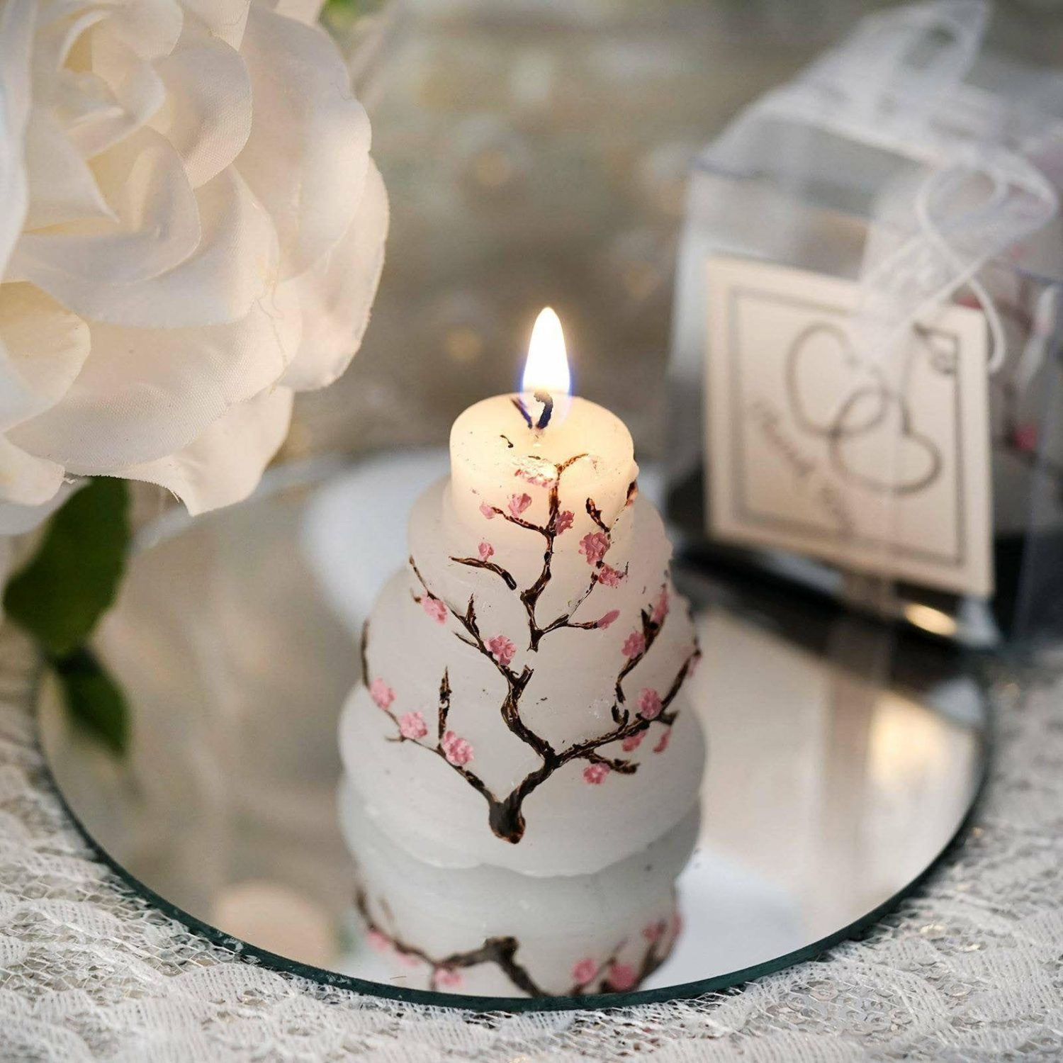 Tabletop Candles | Gift Wrapped Cherry Blossom Wedding Cake Candle Party Favors With Thank You Tag 2″ Candelabra Tabletop Candles