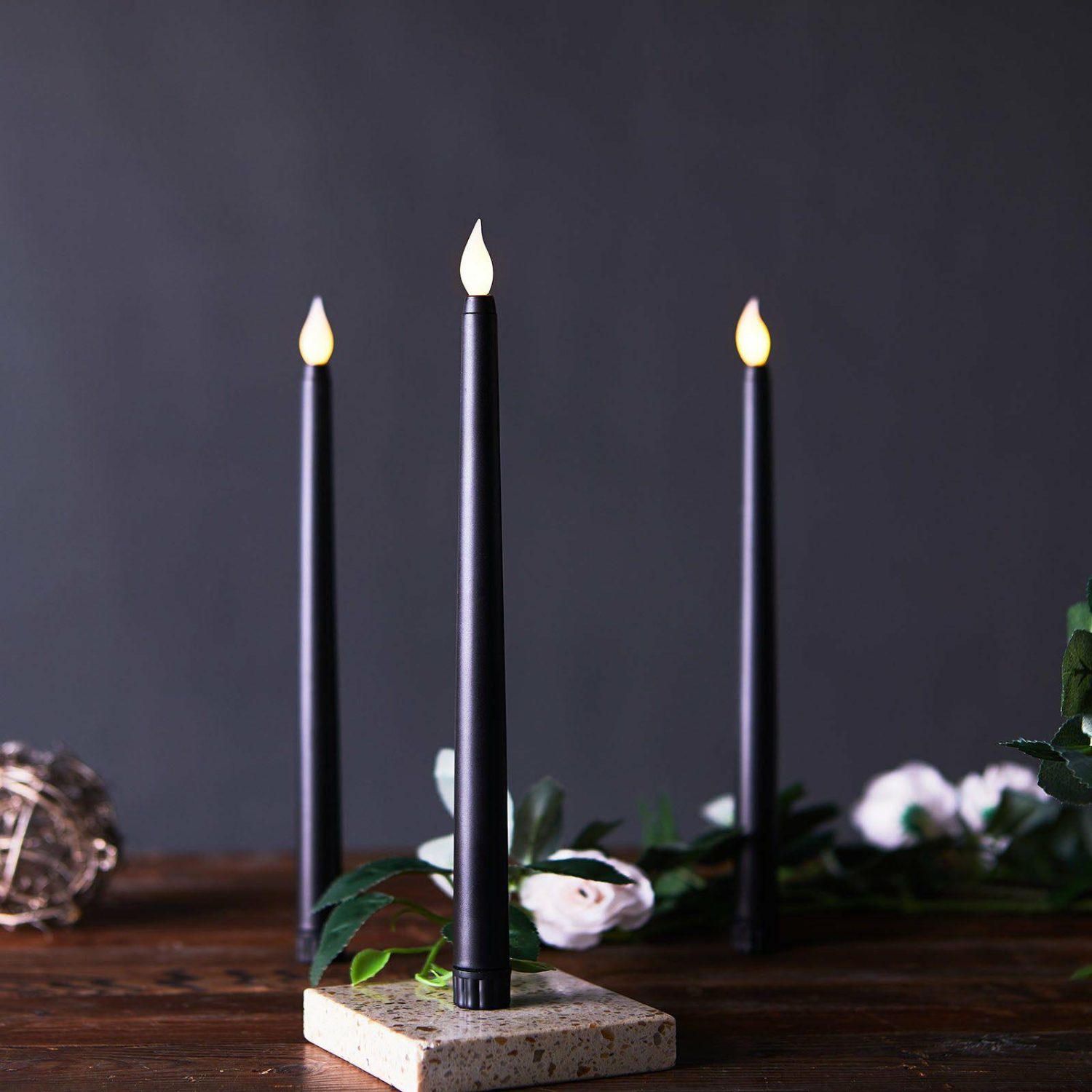 Tabletop Candles | Set of 3 Black Flickering Flameless LED Taper Candles, Battery Operated Reusable Candles 11″ Candelabra Black