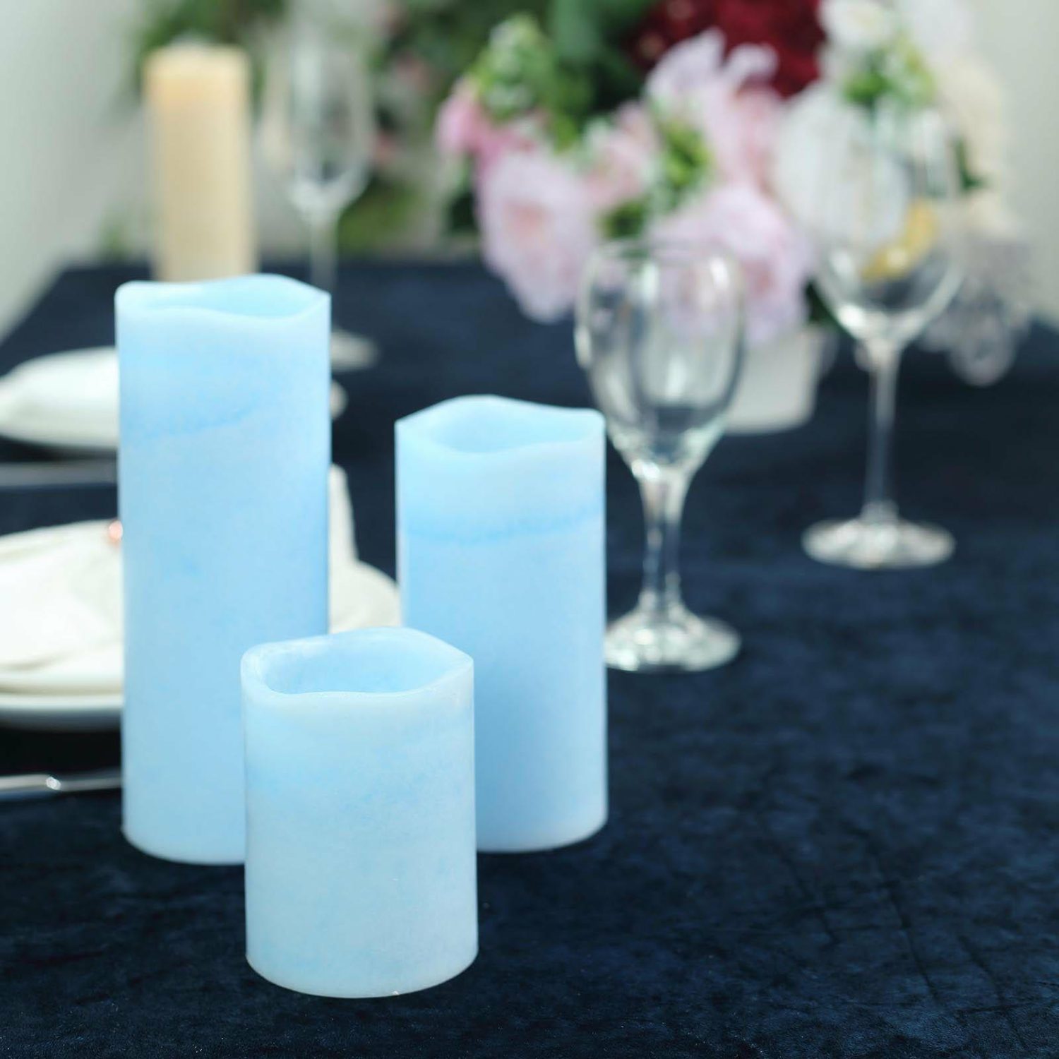 Tabletop Candles | Set of 3 Blue Flameless LED Pillar Candles, Remote Operated Battery Powered 4″, 6″, 8″ Candelabra Blue