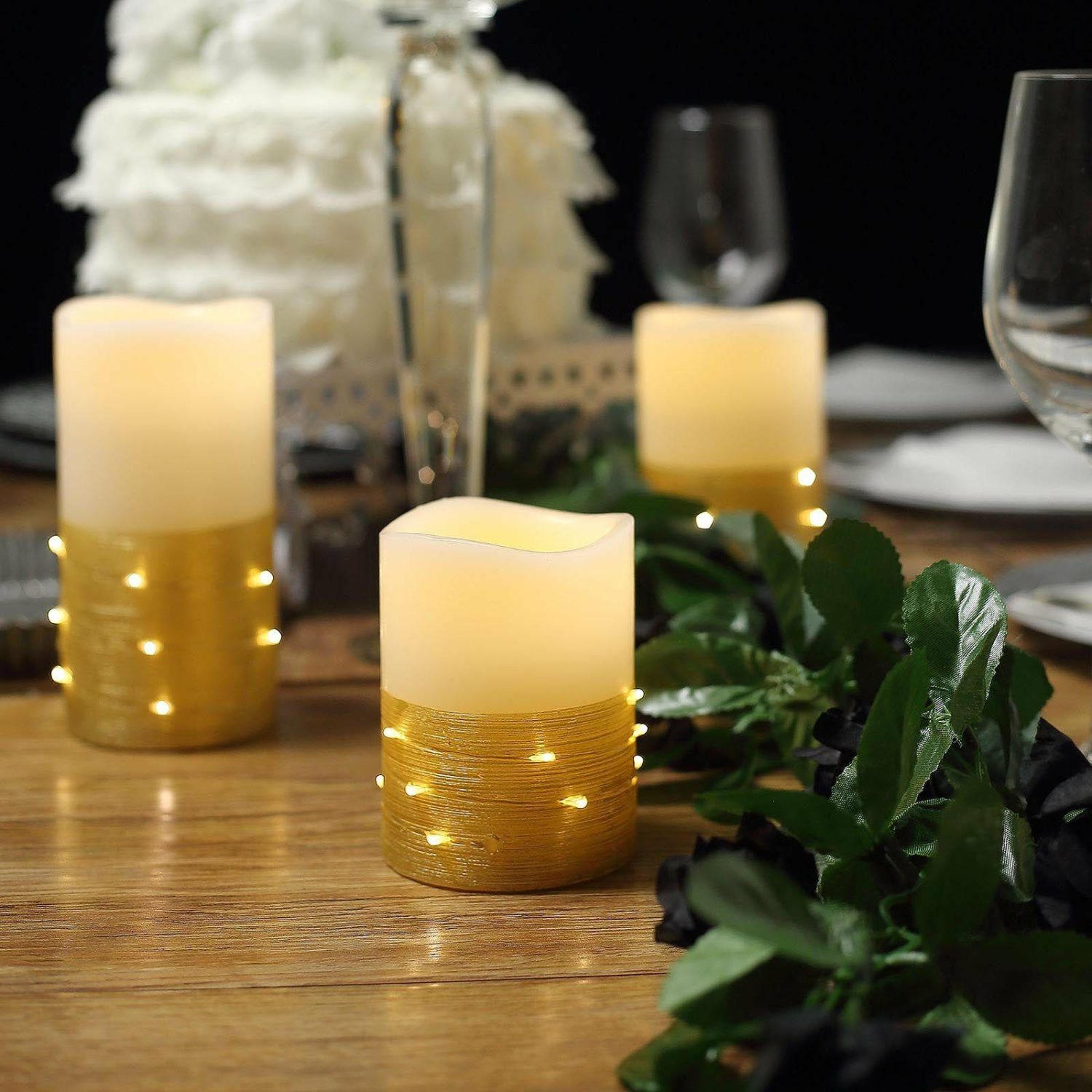 Tabletop Candles | Set of 3 Gold Flameless LED Remote Operated Pillar Candles Wrapped With Fairy String Lights, Battery Powered 4″, 5″, 6″ Candelabra Tabletop Candles