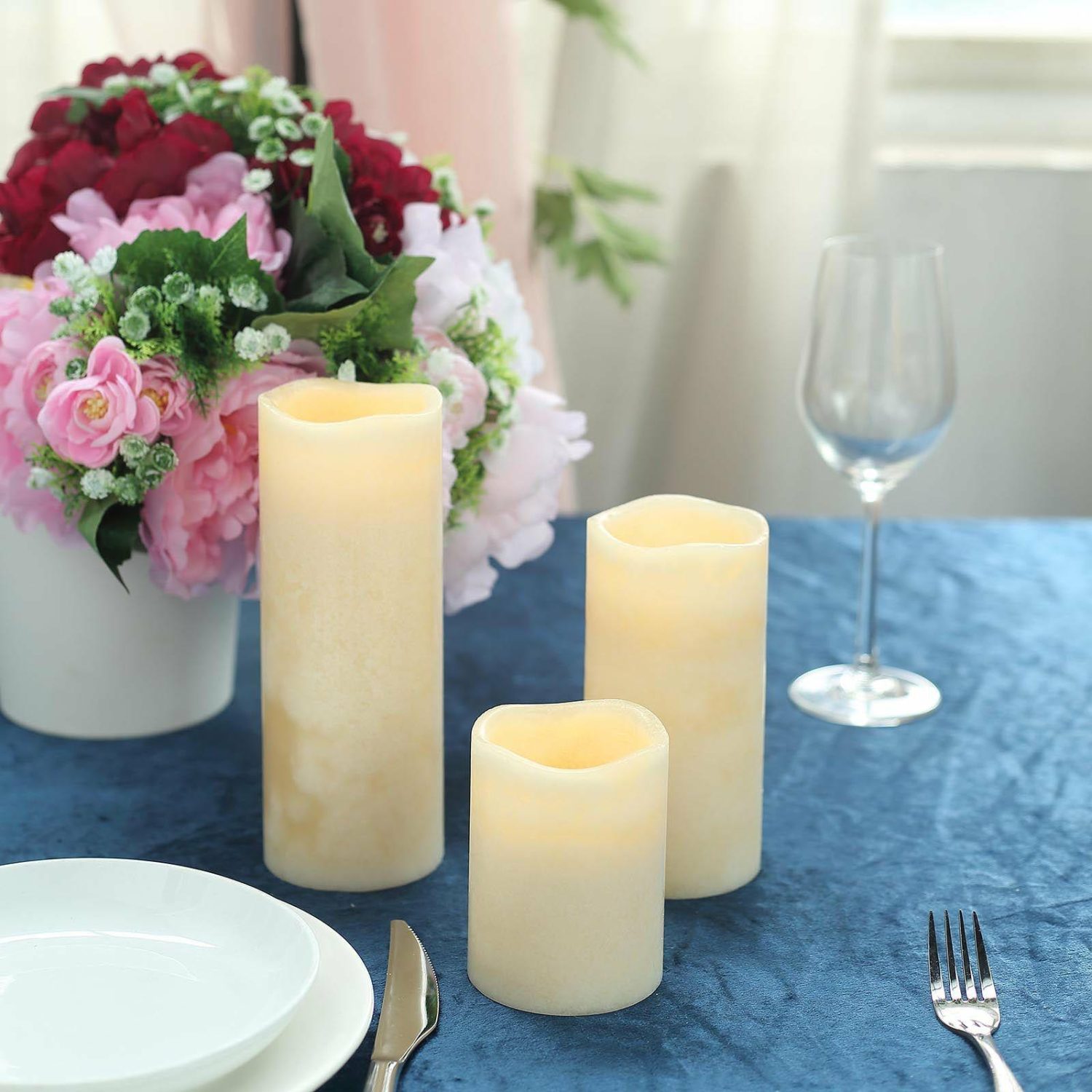 Tabletop Candles | Set of 3 Ivory Flameless LED Pillar Candles, Remote Operated Battery Powered 4″, 6″, 8″ Candelabra Ivory