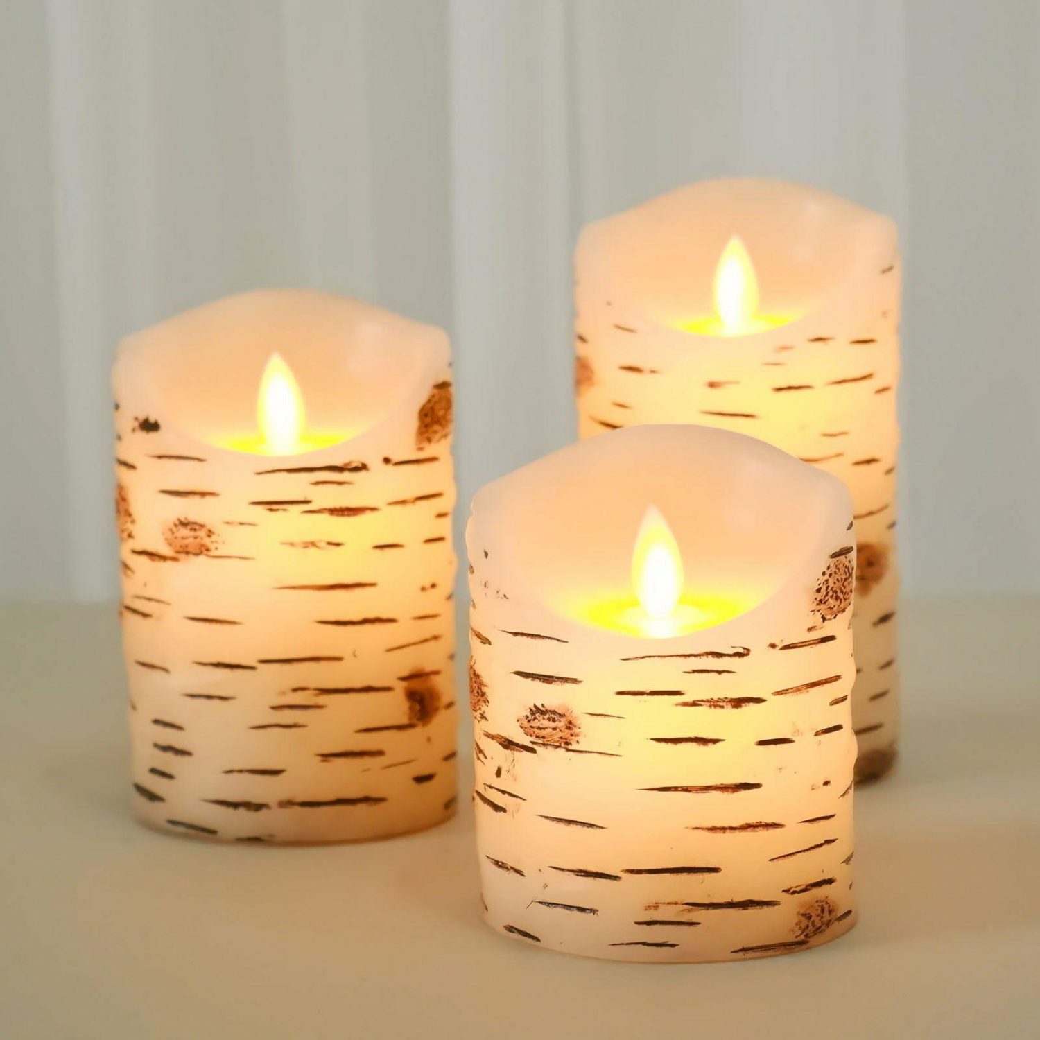 Tabletop Candles | Set of 3 Warm White Flameless Flicker LED Fireplace Pillar Candles, Burnt Birch Bark Design Battery Operated Candles With Remote Control Candelabra Tabletop Candles