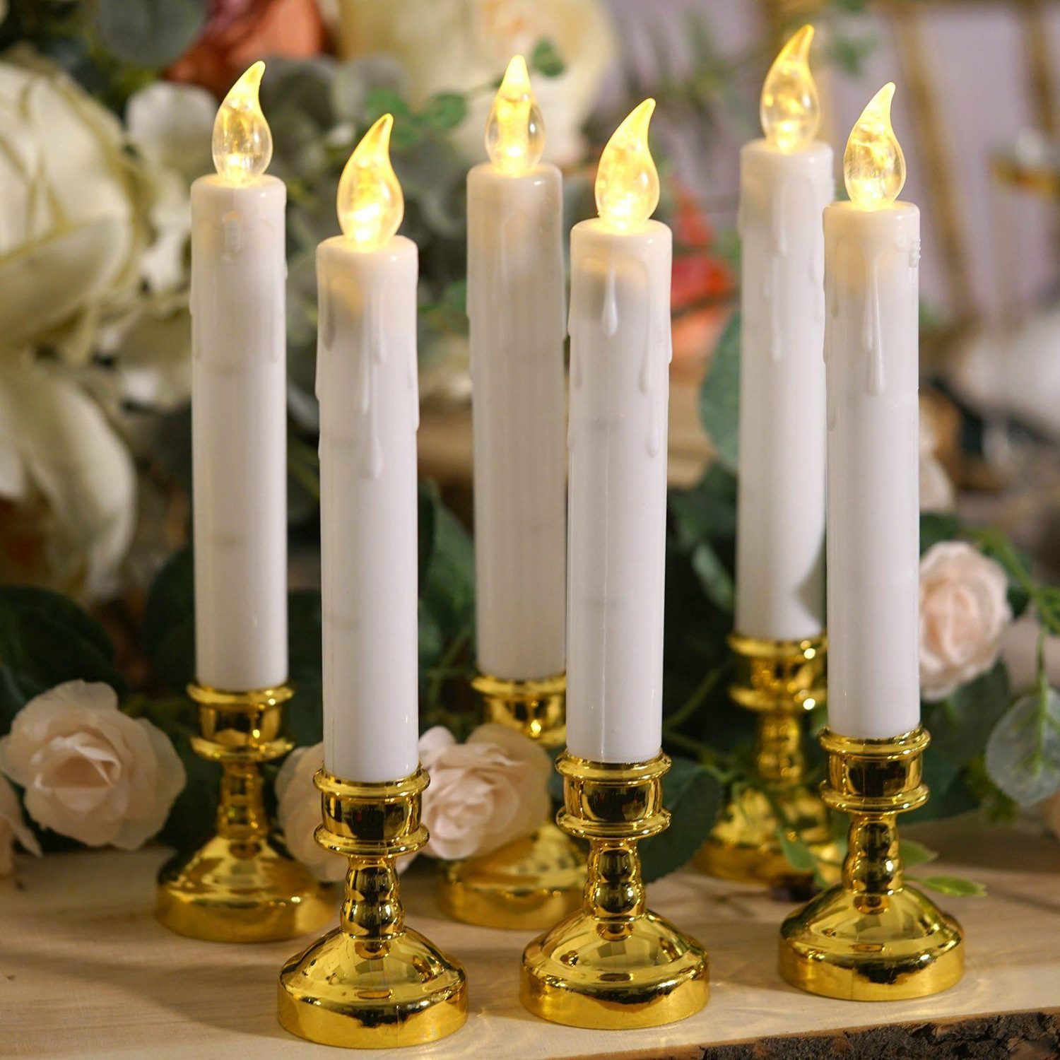 Tabletop Candles | Set of 6 White Flickering Flameless LED Taper Candles with Removable Gold Candle Holders, Battery Operated Window Candles 10″ Candelabra Tabletop Candles