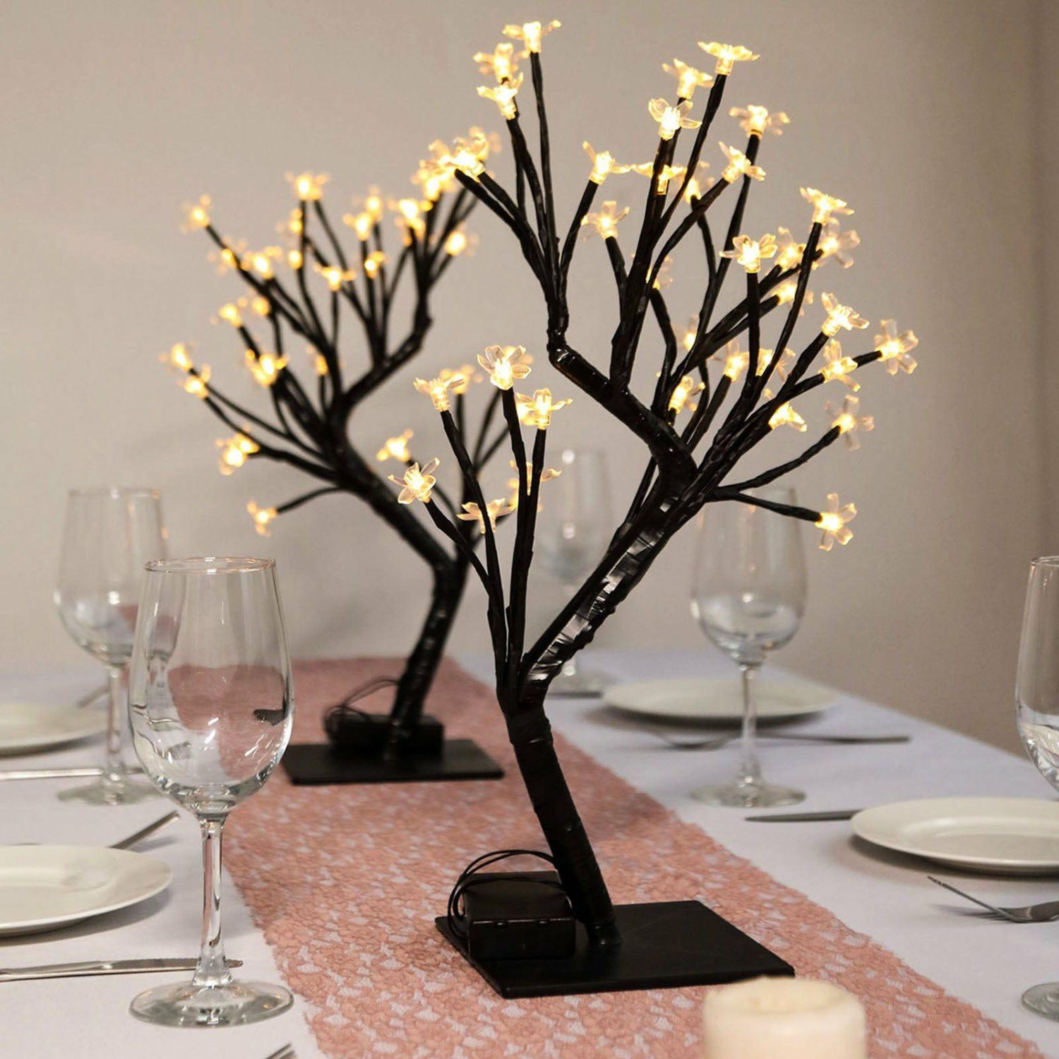 Tabletop LED Décor | 2 Pack Black Cherry Blossom Tree Centerpieces, Battery Operated Lights 36 Warm White LEDs Table Accents Tabletop LED Décor