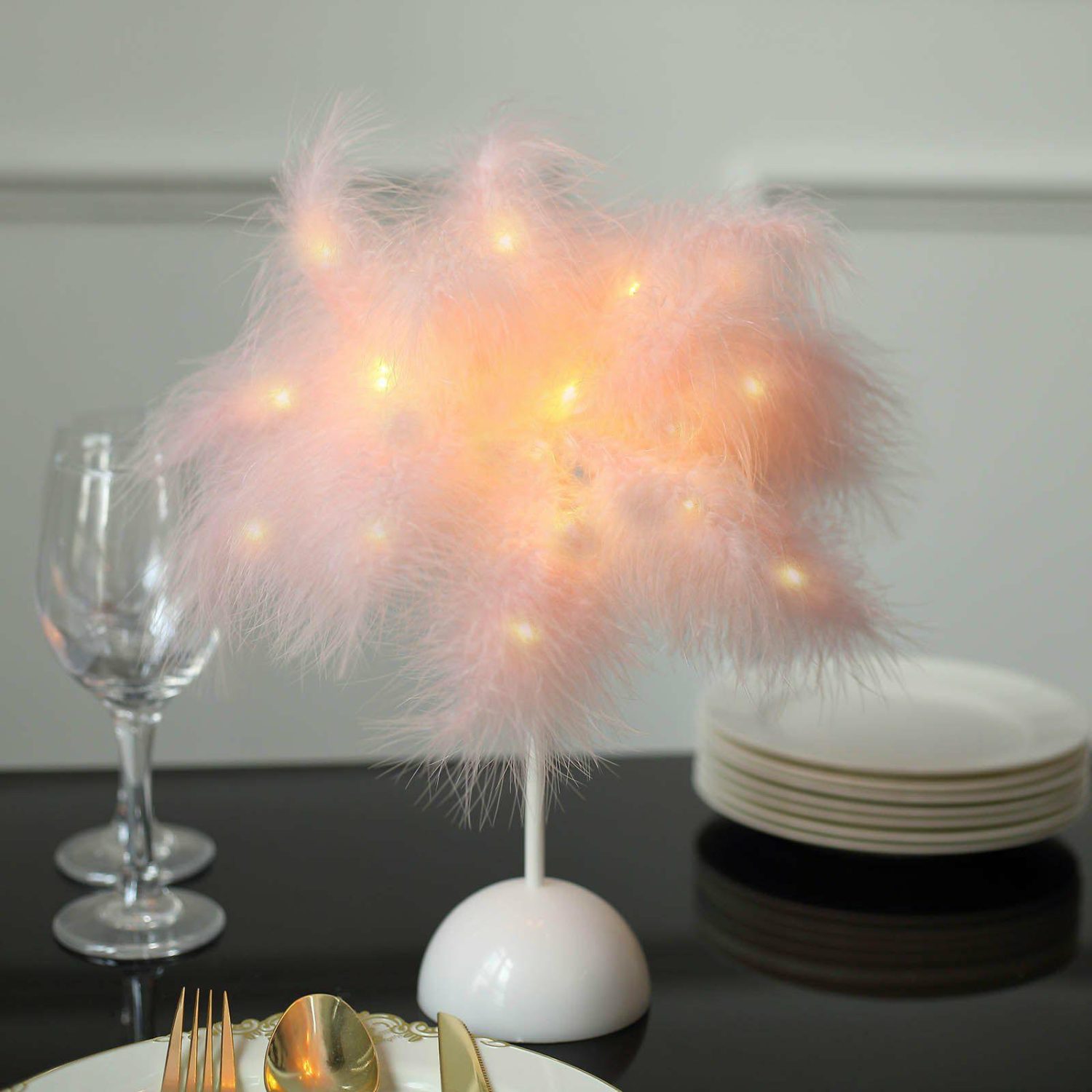 Tabletop LED Décor | LED Blush Feather Table Lamp Desk Light, Battery Operated Cordless Wedding Centerpiece 15″ Table Accents Blush