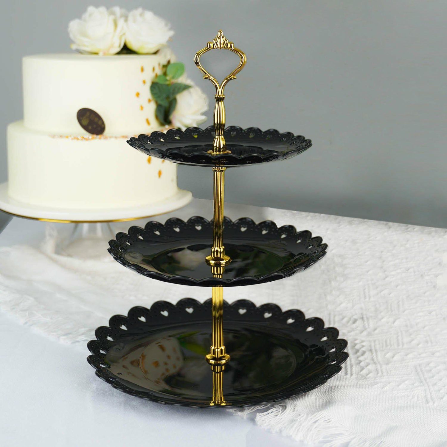 Tiered Cake Stand | 3-Tier Black/Gold Wavy Round Edge Cupcake Stand, Dessert Holder 13″ Cake & Dessert Table Black/Gold