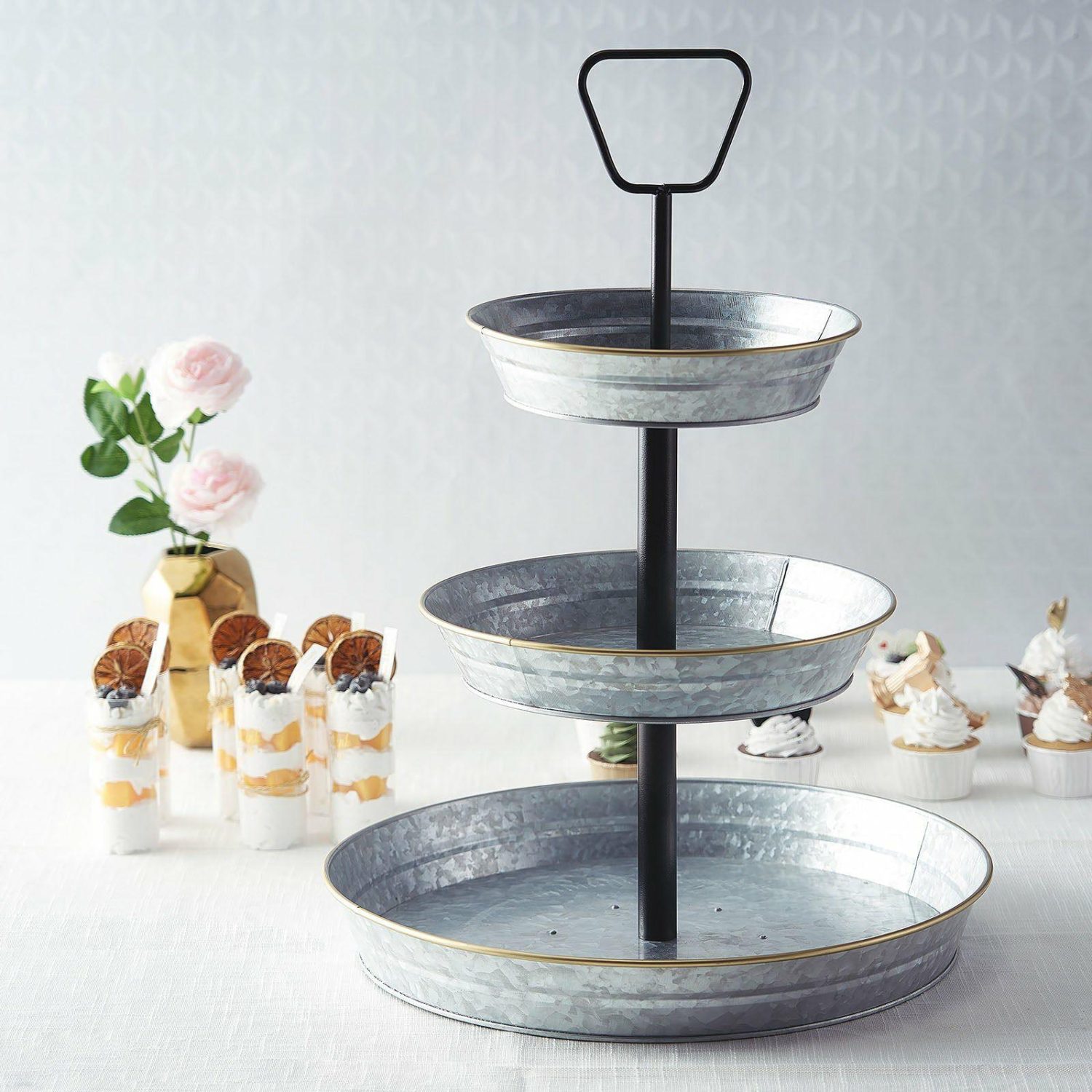 Tiered Cake Stand | 3-Tier Galvanized Metal Serving Tray, Rustic Dessert Cupcake Stand 20″ Cake & Dessert Table Tiered Cake Stand