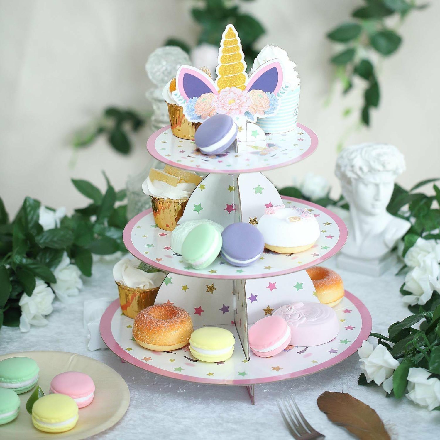 Tiered Cake Stand | 3-Tier Unicorn Themed Cardboard Cupcake Dessert Stand Treat Tower 15″ Cake & Dessert Table Assorted