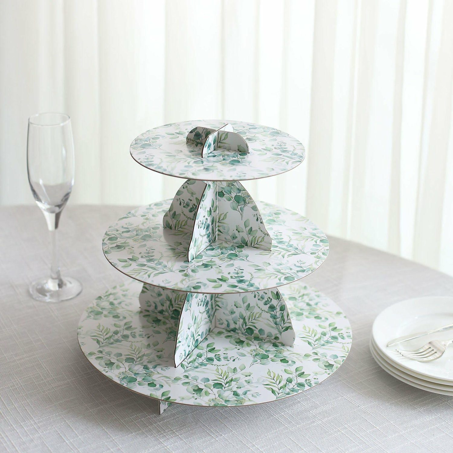 Tiered Cake Stand | 3-Tier White Green Cardboard Cupcake Stand with Eucalyptus Leaves Print, Tea Party Dessert Display Stand Round Serving Platter – 11″ Tall Cake & Dessert Table Eucalyptus Leaves Print