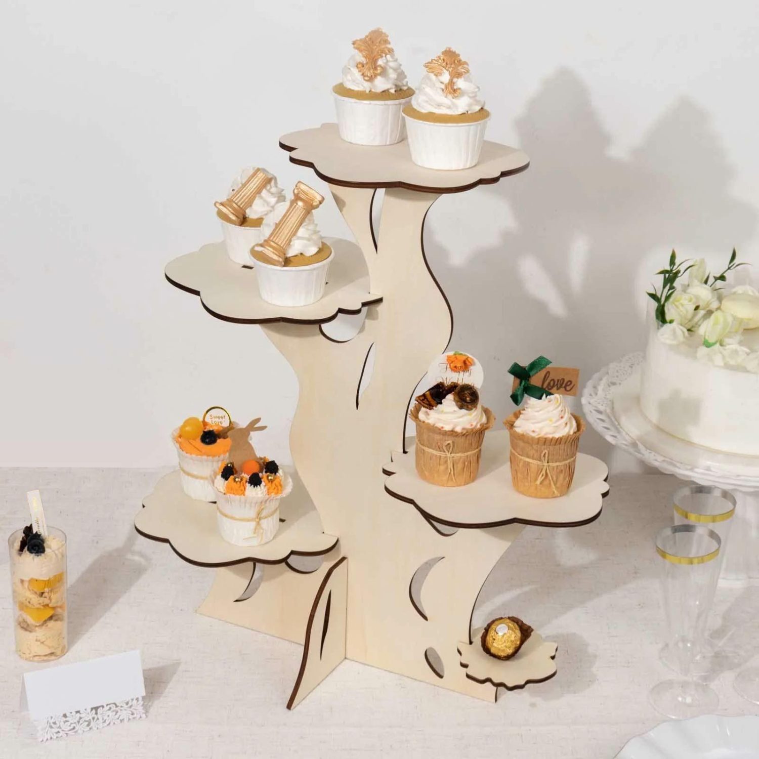 Tiered Cake Stand | 5-Tier Natural Laser Cut Wooden Tree Tower Cake Stand, Rustic Cupcake Dessert Display Stand – 19″ Tall Cake & Dessert Table 5 Tier Tree Tower