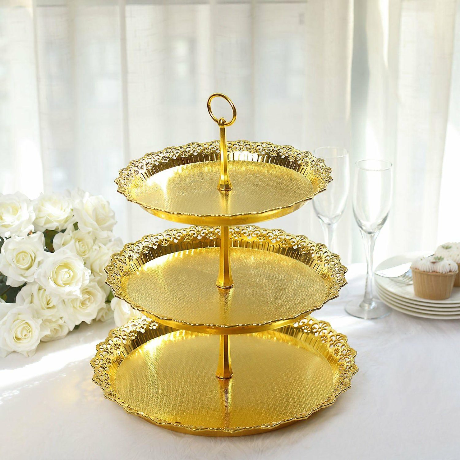 Tiered Cake Stand | Metallic Gold 3-Tier Round Plastic Cupcake Display Tray Tower With Lace Cut Scalloped Edges, Decorative Dessert Stand 15″ Cake & Dessert Table Metallic Gold