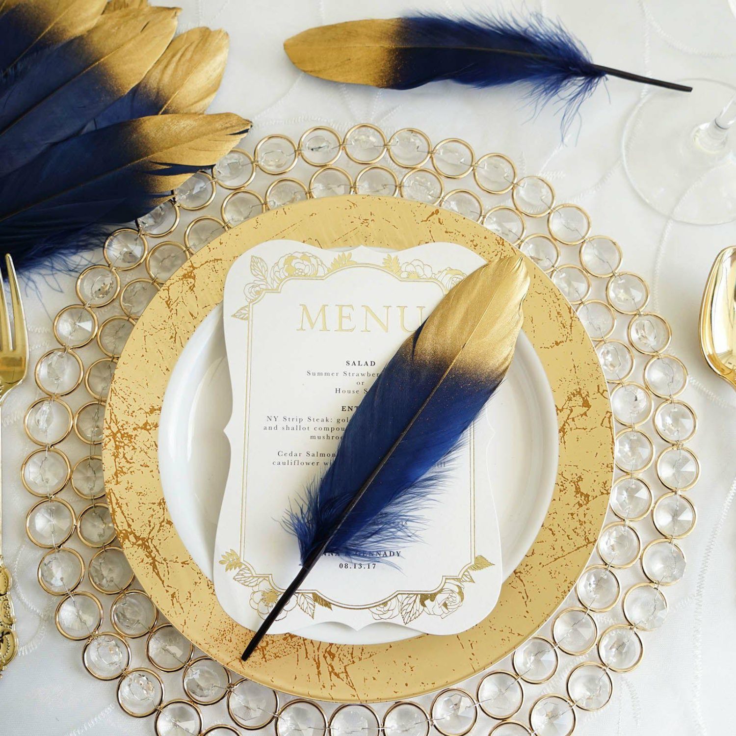 Vase Fillers | 30 Pack Metallic Gold Dipped Navy Blue Real Goose Feathers, Craft Feathers For Party Decoration Floral Vase Gold/Navy blue