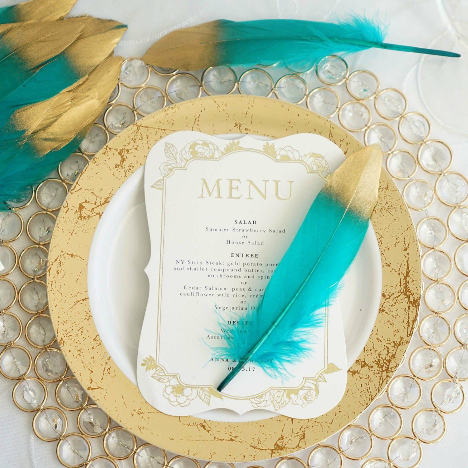 Vase Fillers | 30 Pack Metallic Gold Dipped Turquoise Real Goose Feathers, Craft Feathers For Party Decoration Floral Vase Gold/Turquoise