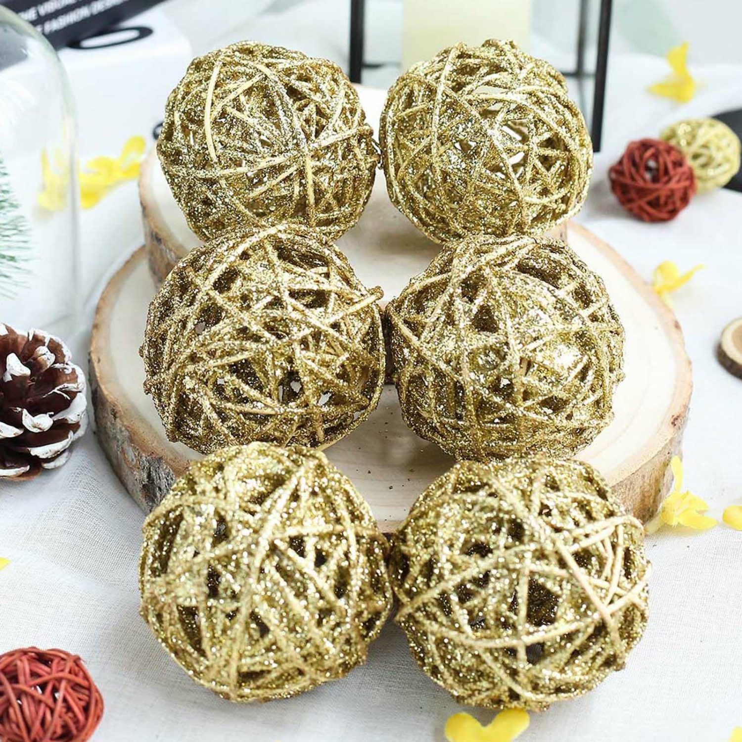 Vase Fillers | 6 Pack Gold Glittered Handmade Twine Ball Vase Fillers, DIY Craft Wicker Balls 3″ Floral Vase Vase Fillers