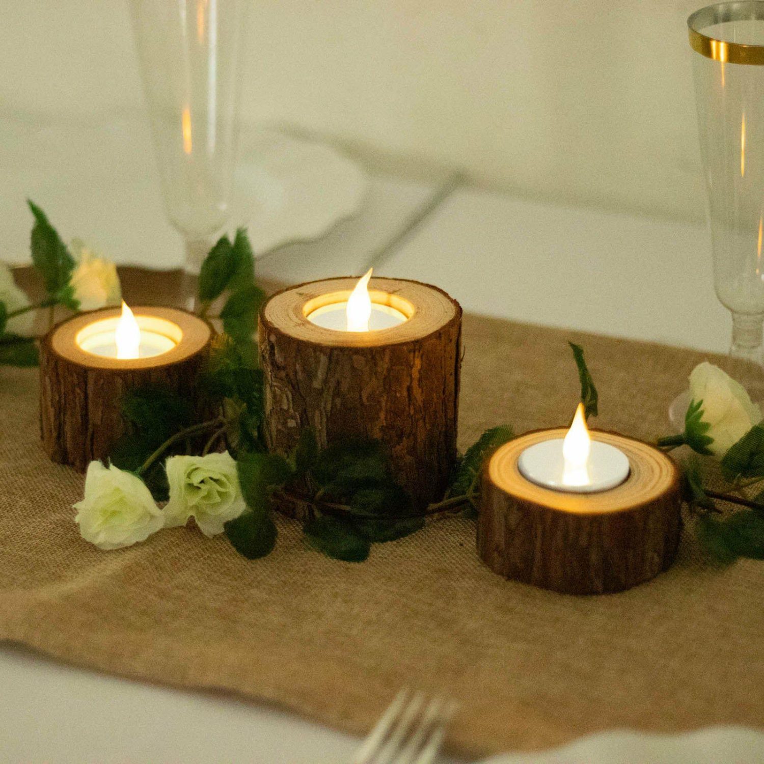 Wooden & Resin Candle Holders | Set of 3 Assorted Farmhouse Wood Slice Votive Candle Holders, Rustic Tree Branch Wedding Table Décor 2.75″, 1.5″, 1.25″ Candelabra Wooden & Resin Candle Holders