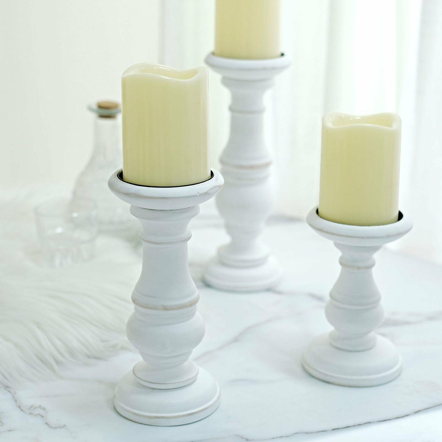 Wooden & Resin Candle Holders | Set of 3 White Wooden Pillar Candle Holders, Rustic Candle Pedestals 10″, 8″, 6″ Candelabra Wooden & Resin Candle Holders